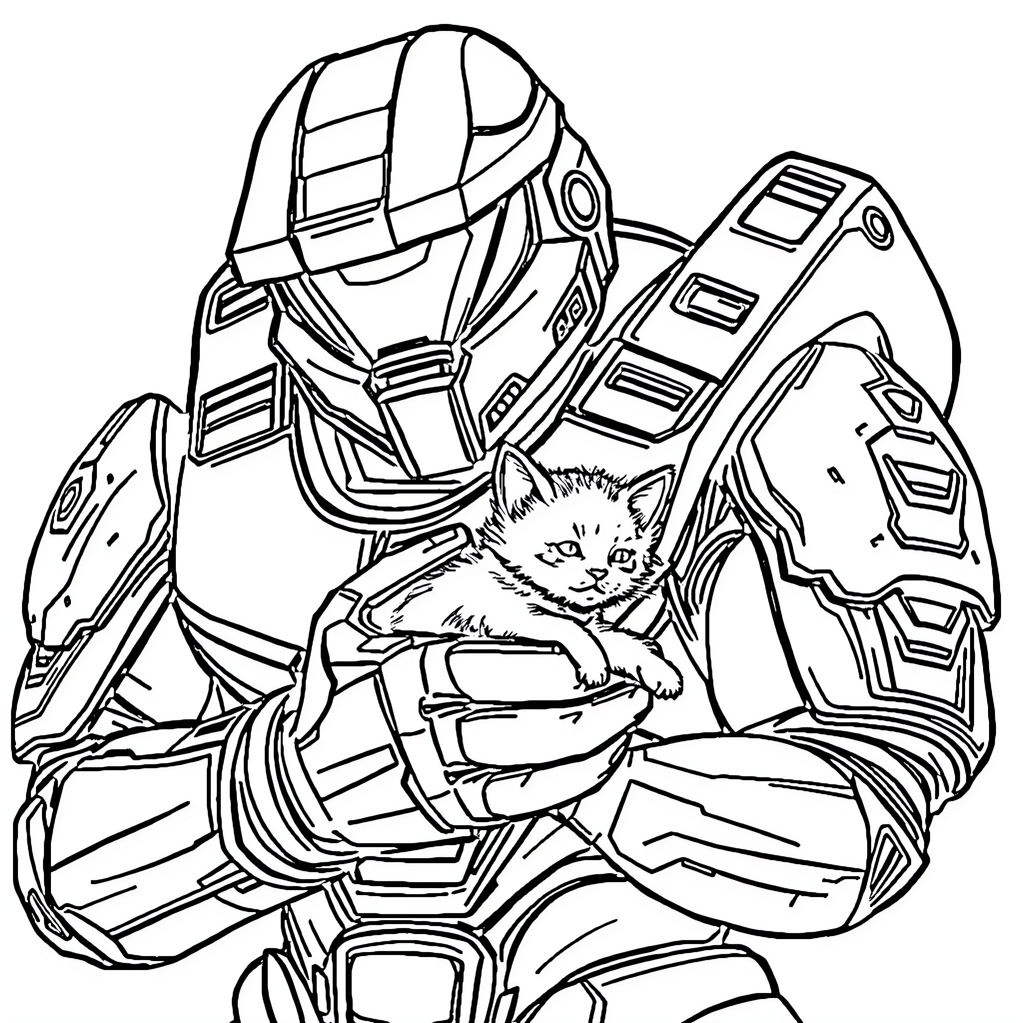 Masterchief holding a cute kitten Coloring Page (free black-and-white line drawing printable PDF for all, from beginners to advanced learners, including children, teens, adults, and seniors)