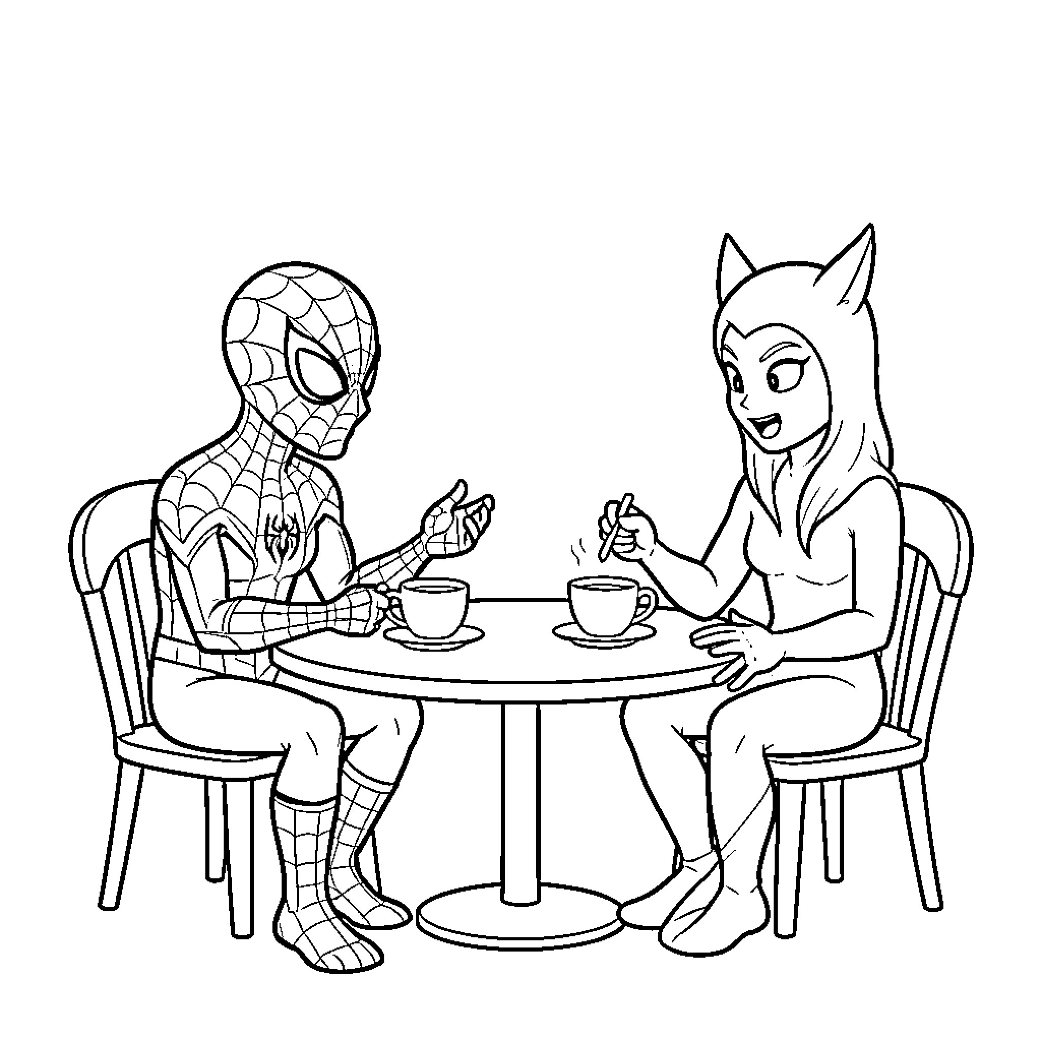 Spider man and a hero enjoying coffee together Coloring Page (free black-and-white line drawing printable PDF for all, from beginners to advanced learners, including children, teens, adults, and seniors)