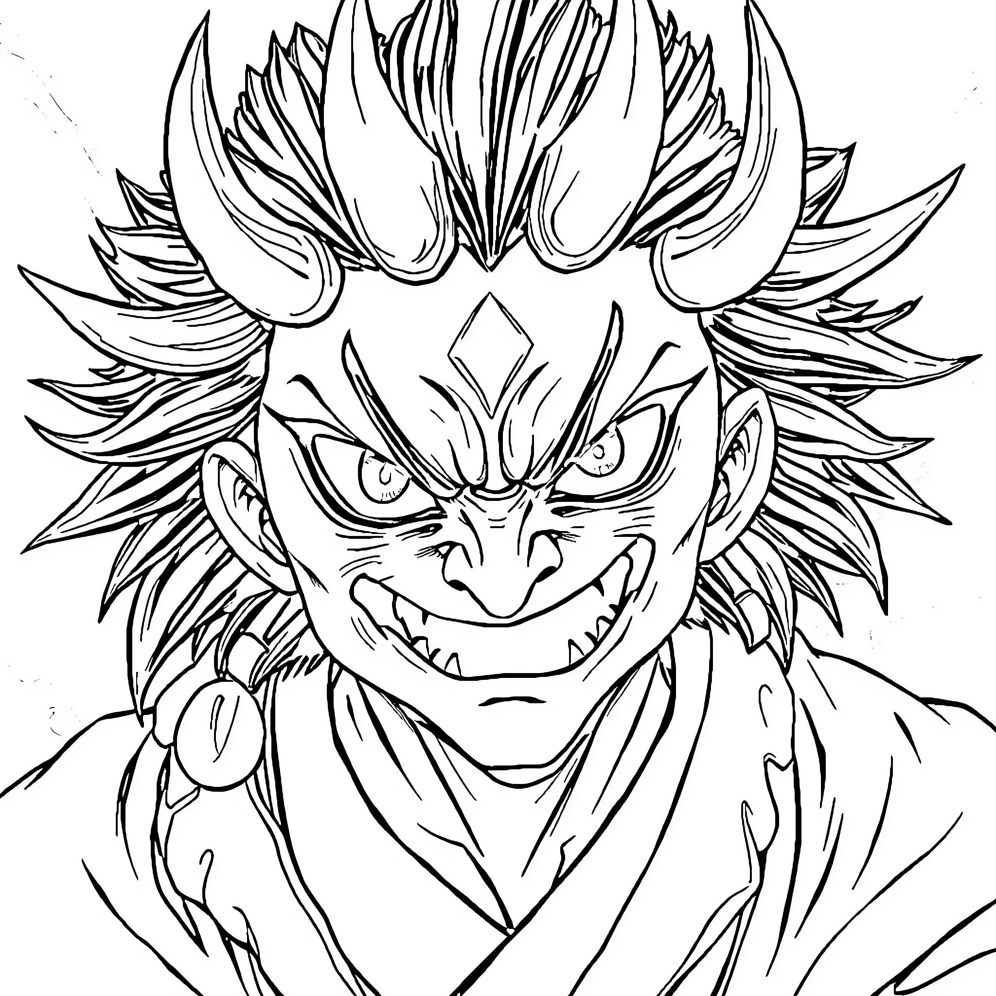 Sukuna's fierce expression and demonic appearance Coloring Page (free black-and-white line drawing printable PDF for all, from beginners to advanced learners, including children, teens, adults, and seniors)