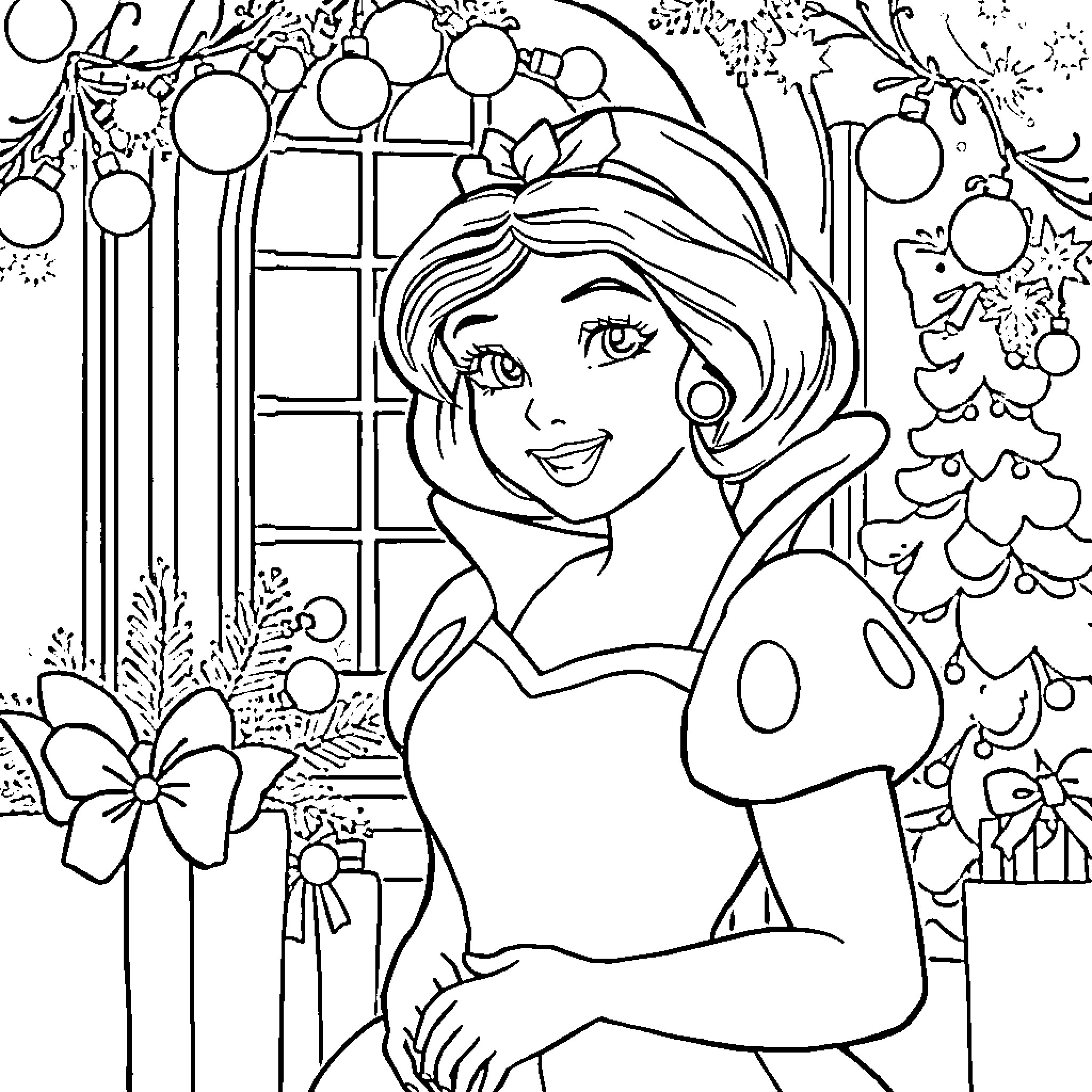 Snow White surrounded by festive decorations Coloring Page (free black-and-white line drawing printable PDF for all, from beginners to advanced learners, including children, teens, adults, and seniors)