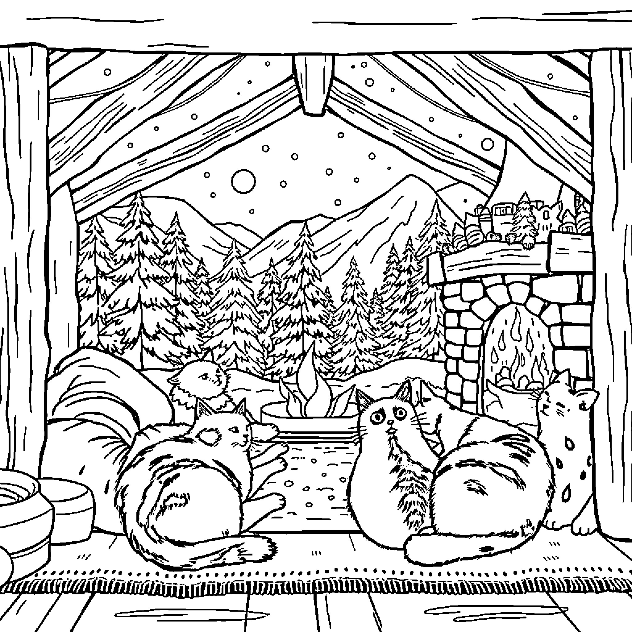Cats Enjoying Winter Wonderland Scene Coloring Page (free black-and-white line drawing printable PDF for all, from beginners to advanced learners, including children, teens, adults, and seniors)