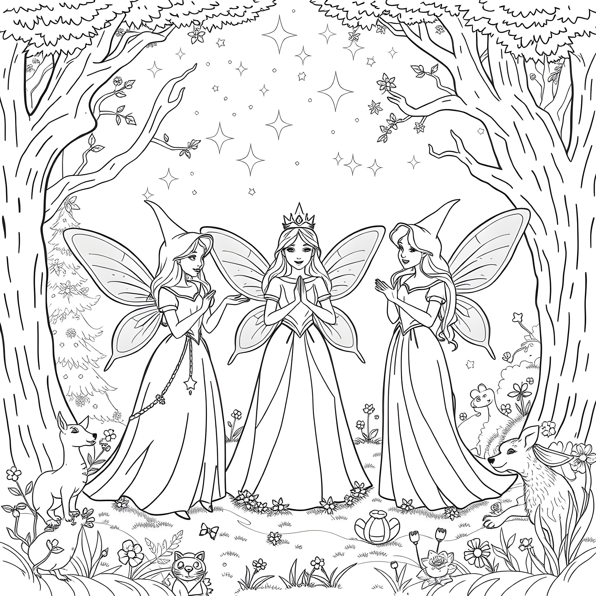 Fairy Godmother and her Magical Fairies in the Enchanted Forest Coloring Page (free black-and-white line drawing printable PDF for all, from beginners to advanced learners, including children, teens, adults, and seniors)