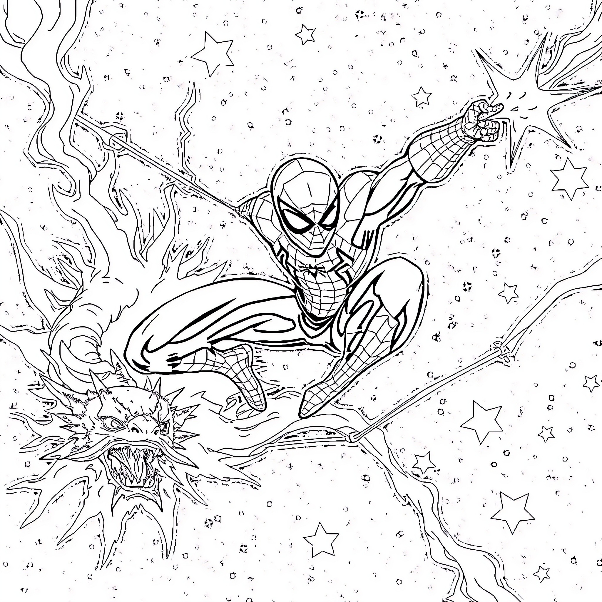 Spiderman swinging through a cosmic scene Coloring Page (free black-and-white line drawing printable PDF for all, from beginners to advanced learners, including children, teens, adults, and seniors)
