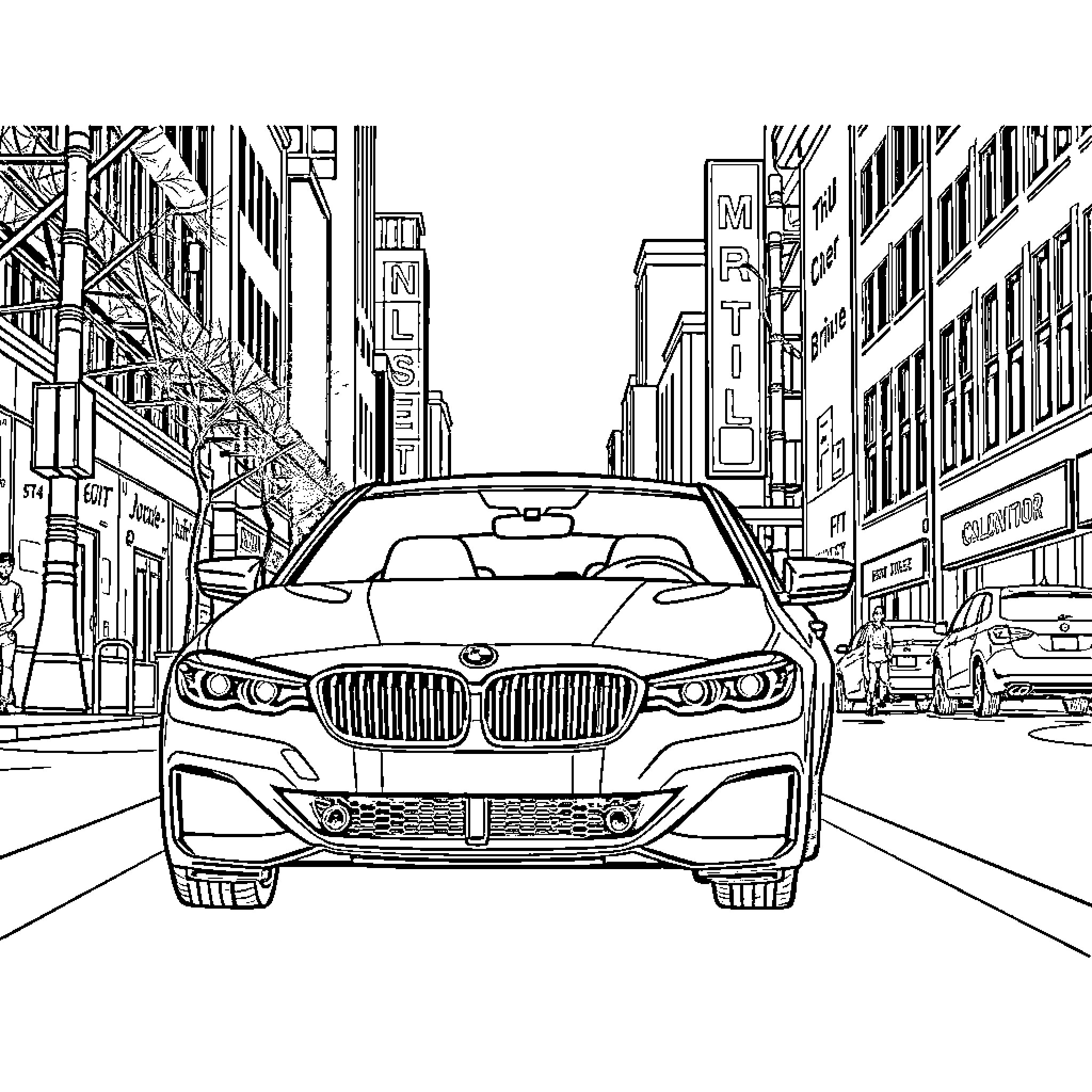 BMW Luxury Sedan in the Bustling City Coloring Page (free black-and-white line drawing printable PDF for all, from beginners to advanced learners, including children, teens, adults, and seniors)