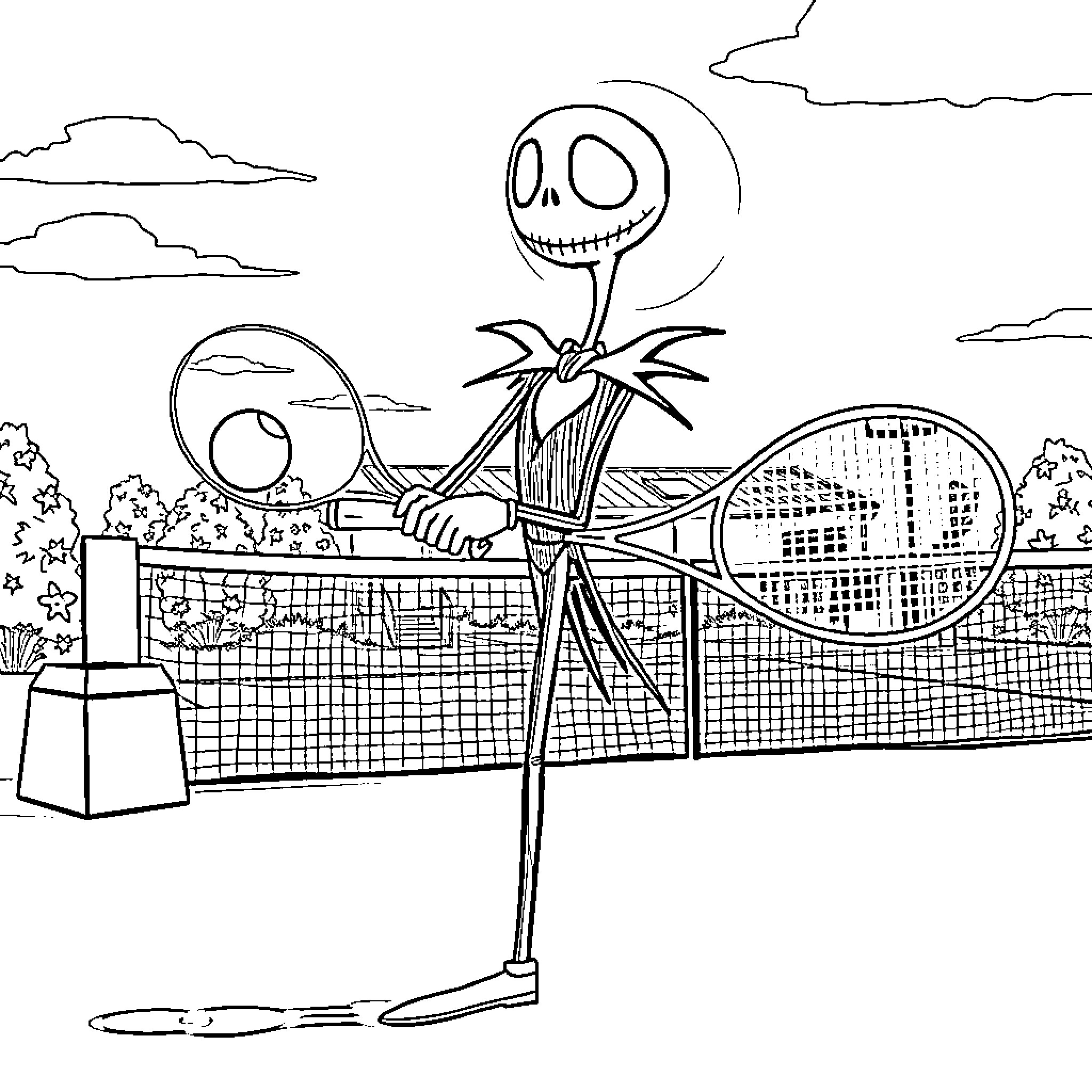 Jack Skeleton playing tennis on a whimsical court Coloring Page (free black-and-white line drawing printable PDF for all, from beginners to advanced learners, including children, teens, adults, and seniors)