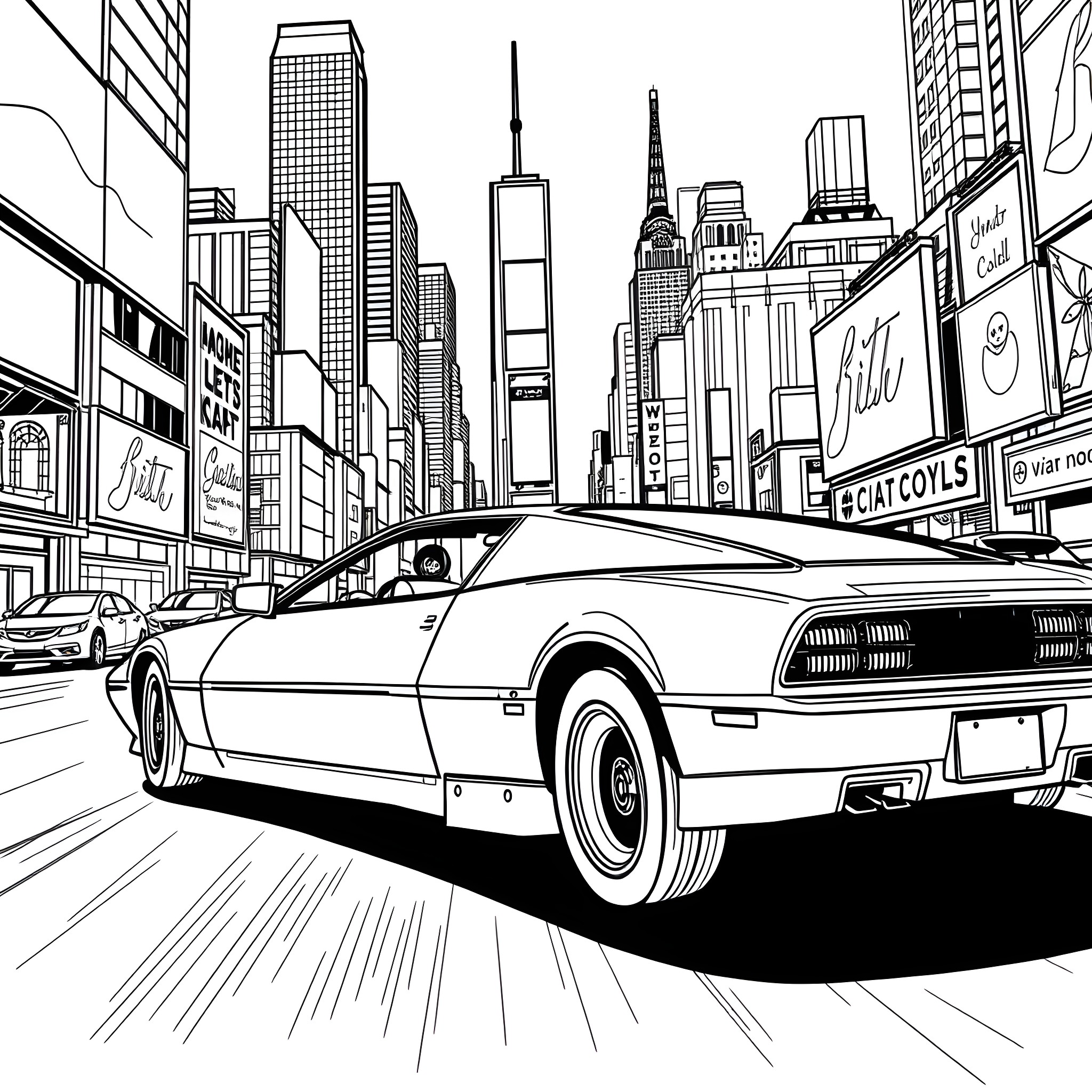 Knight Rider car speeding through the city streets Coloring Page (free black-and-white line drawing printable PDF for all, from beginners to advanced learners, including children, teens, adults, and seniors)
