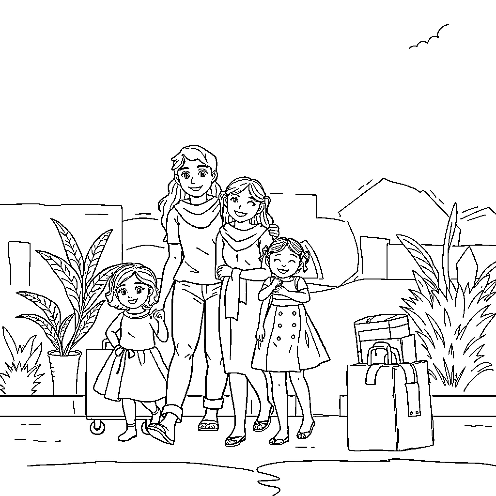 Family Outing in the City Coloring Page (free black-and-white line drawing printable PDF for all, from beginners to advanced learners, including children, teens, adults, and seniors)