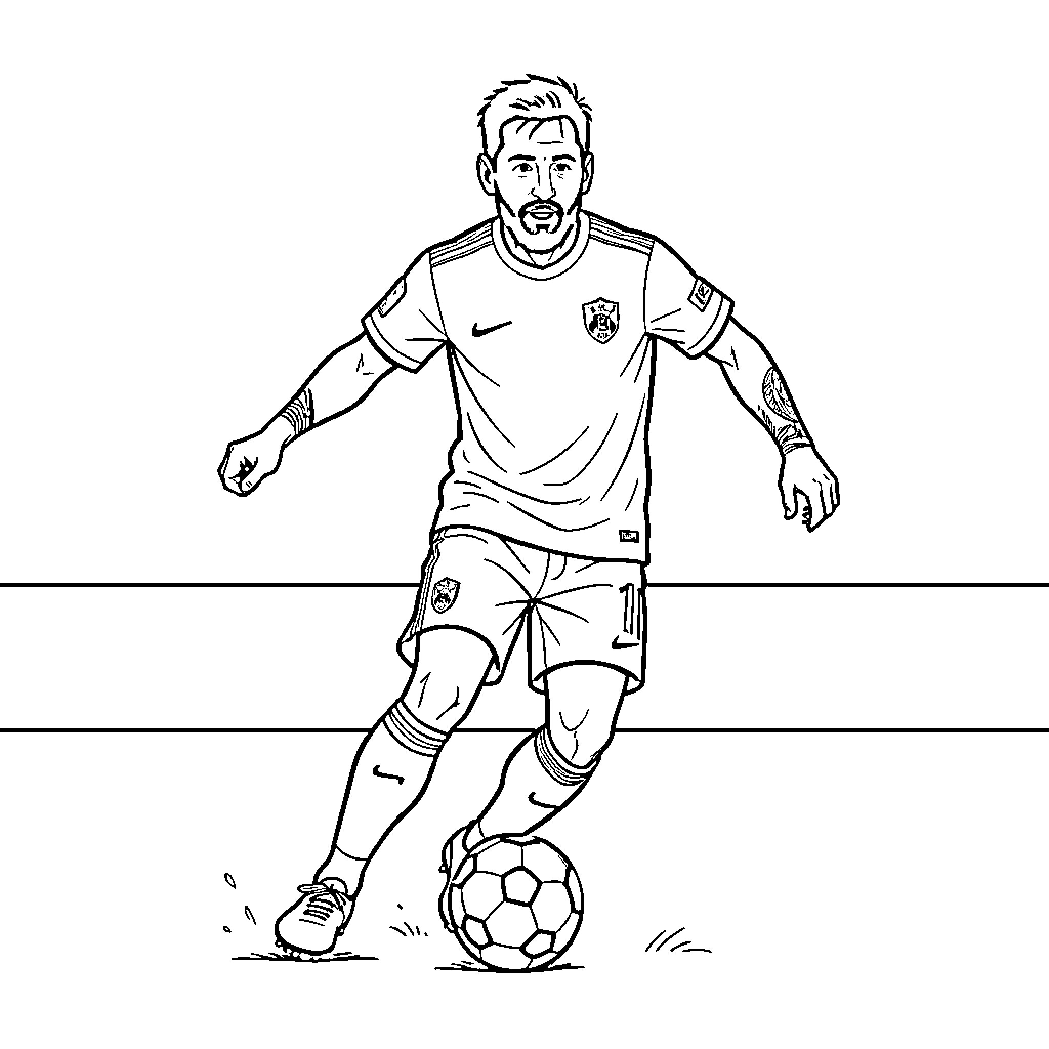 Messi playing football on the field Coloring Page (free black-and-white line drawing printable PDF for all, from beginners to advanced learners, including children, teens, adults, and seniors)