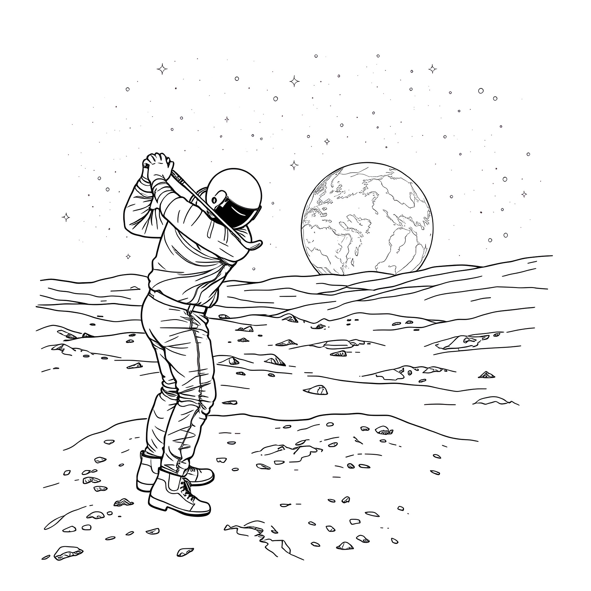 Man in Spacesuit Exploring Alien Planet Coloring Page (free black-and-white line drawing printable PDF for all, from beginners to advanced learners, including children, teens, adults, and seniors)