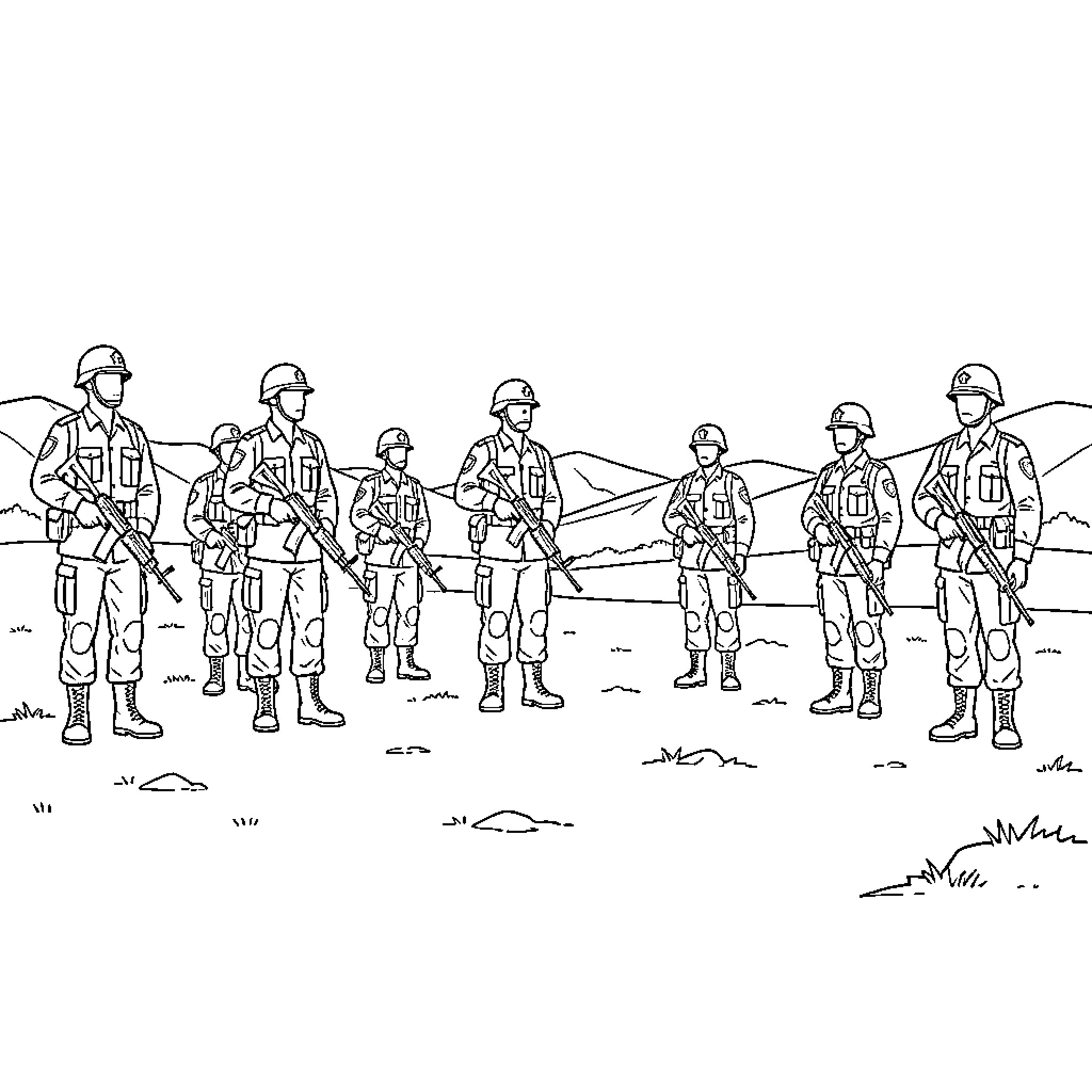 Soldiers standing in formation holding rifles in a field Coloring Page (free black-and-white line drawing printable PDF for all, from beginners to advanced learners, including children, teens, adults, and seniors)