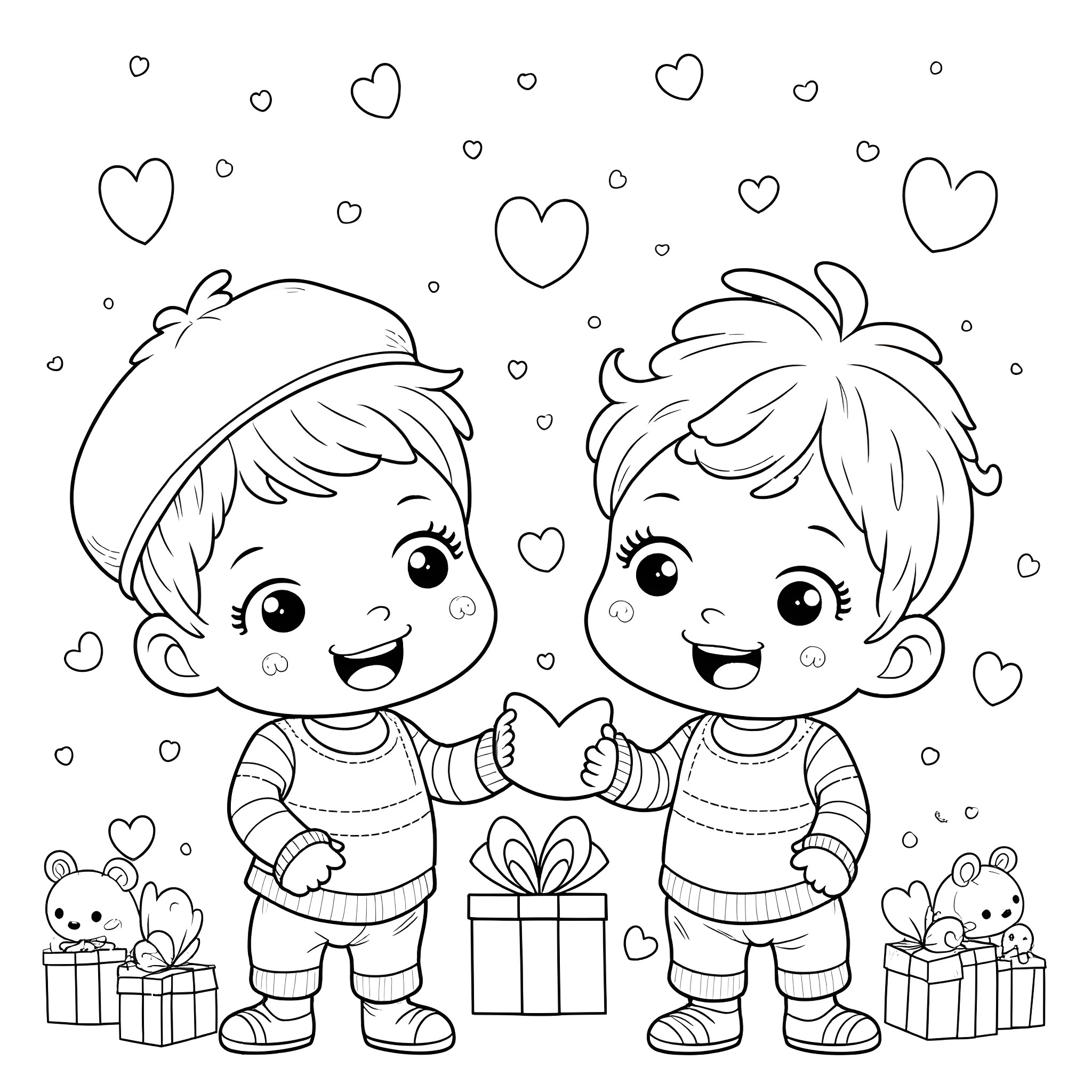 Boy and girl celebrating with gifts and hearts Coloring Page (free black-and-white line drawing printable PDF for all, from beginners to advanced learners, including children, teens, adults, and seniors)