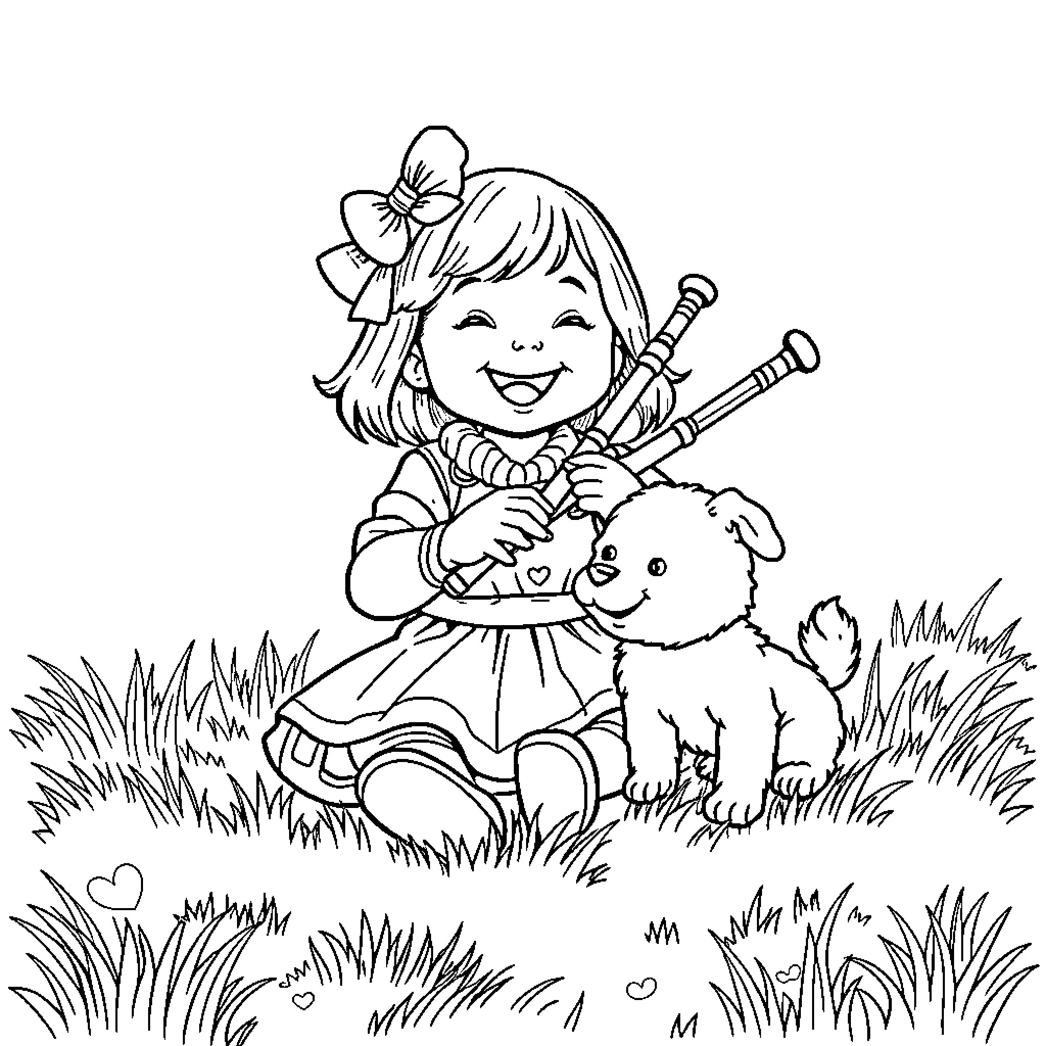 Girl Happily Playing with Pet Puppy in the Grass Coloring Page (free black-and-white line drawing printable PDF for all, from beginners to advanced learners, including children, teens, adults, and seniors)