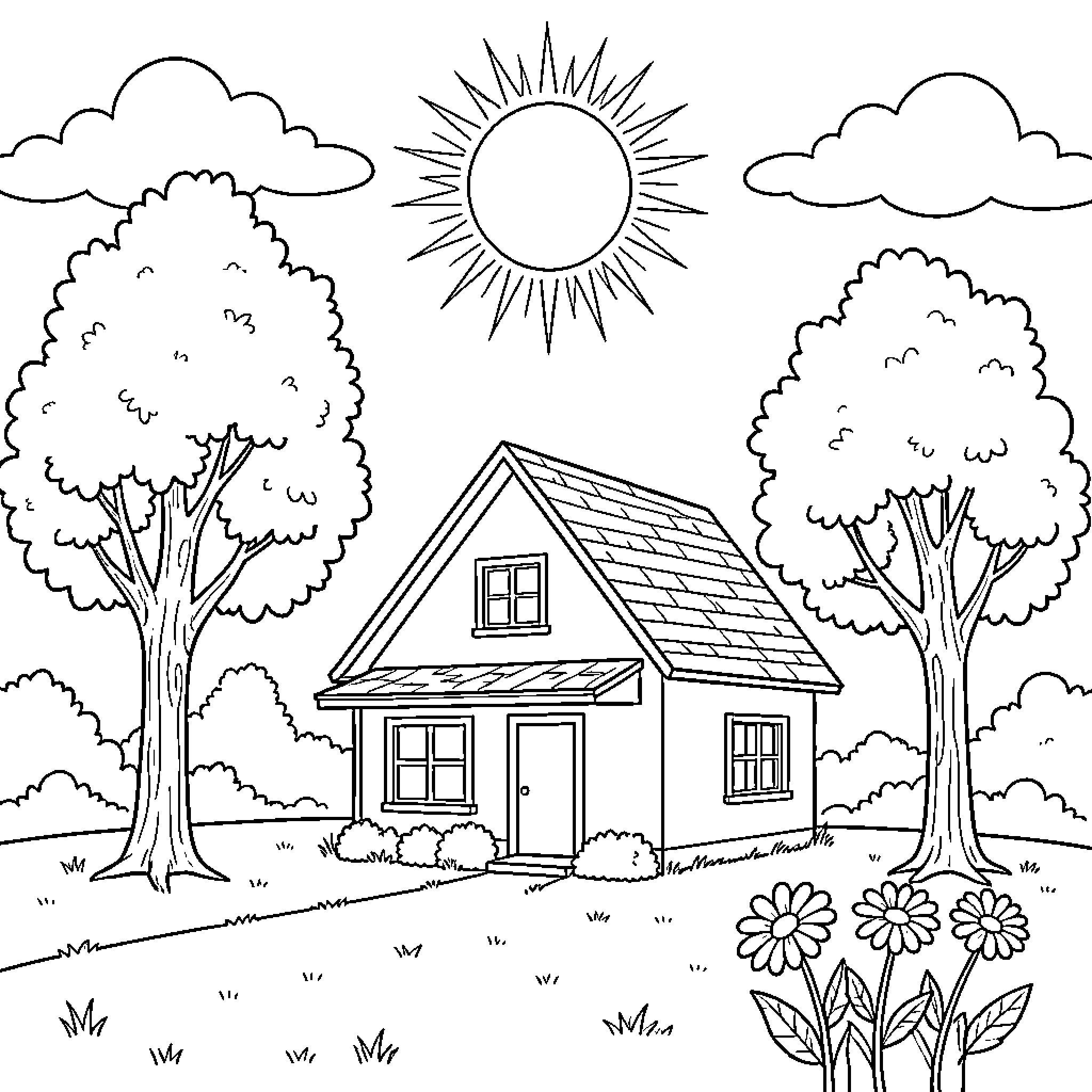Casa standing peacefully under a bright sunny sky Coloring Page (free black-and-white line drawing printable PDF for all, from beginners to advanced learners, including children, teens, adults, and seniors)