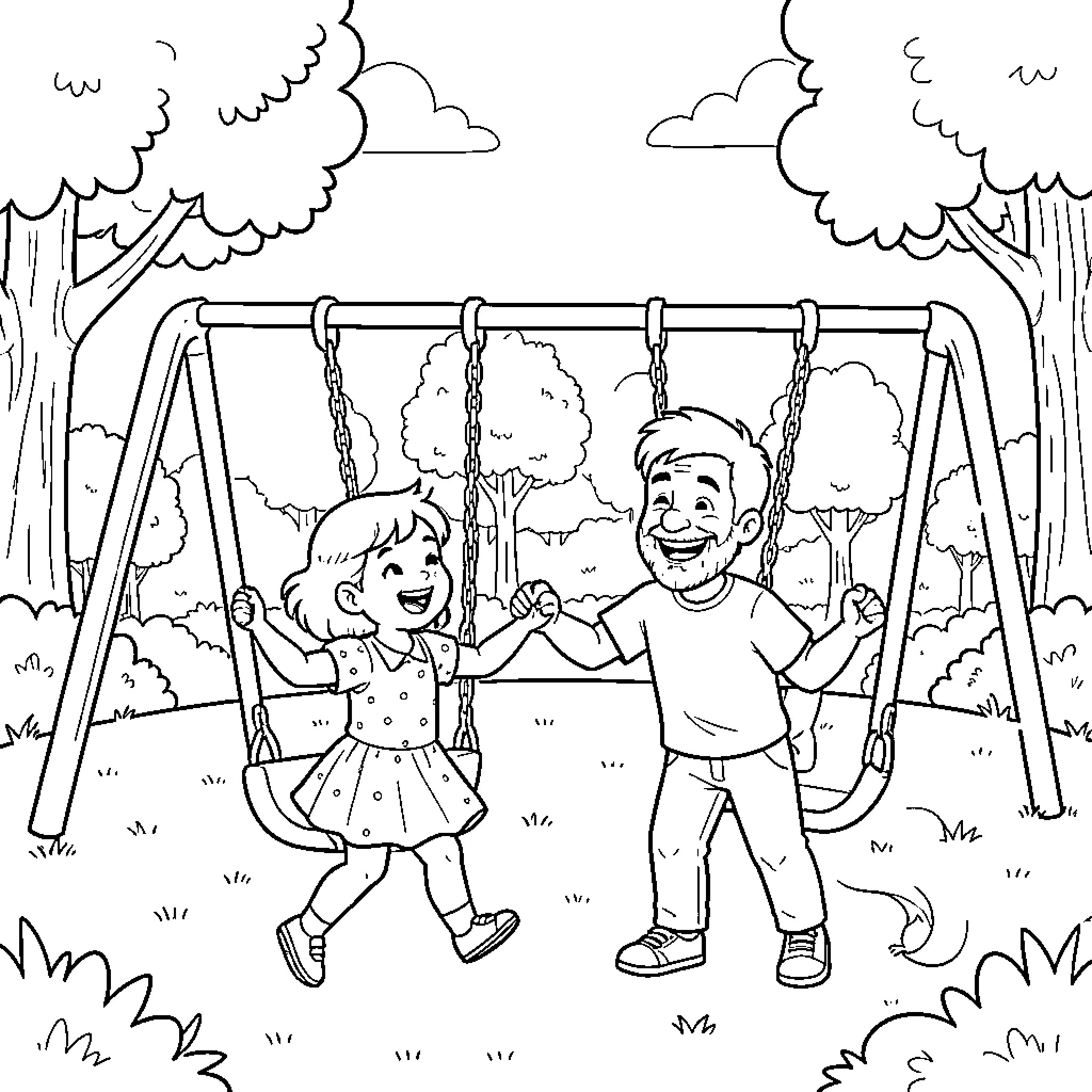 Super Dad having fun with his child at the park Coloring Page (free black-and-white line drawing printable PDF for all, from beginners to advanced learners, including children, teens, adults, and seniors)