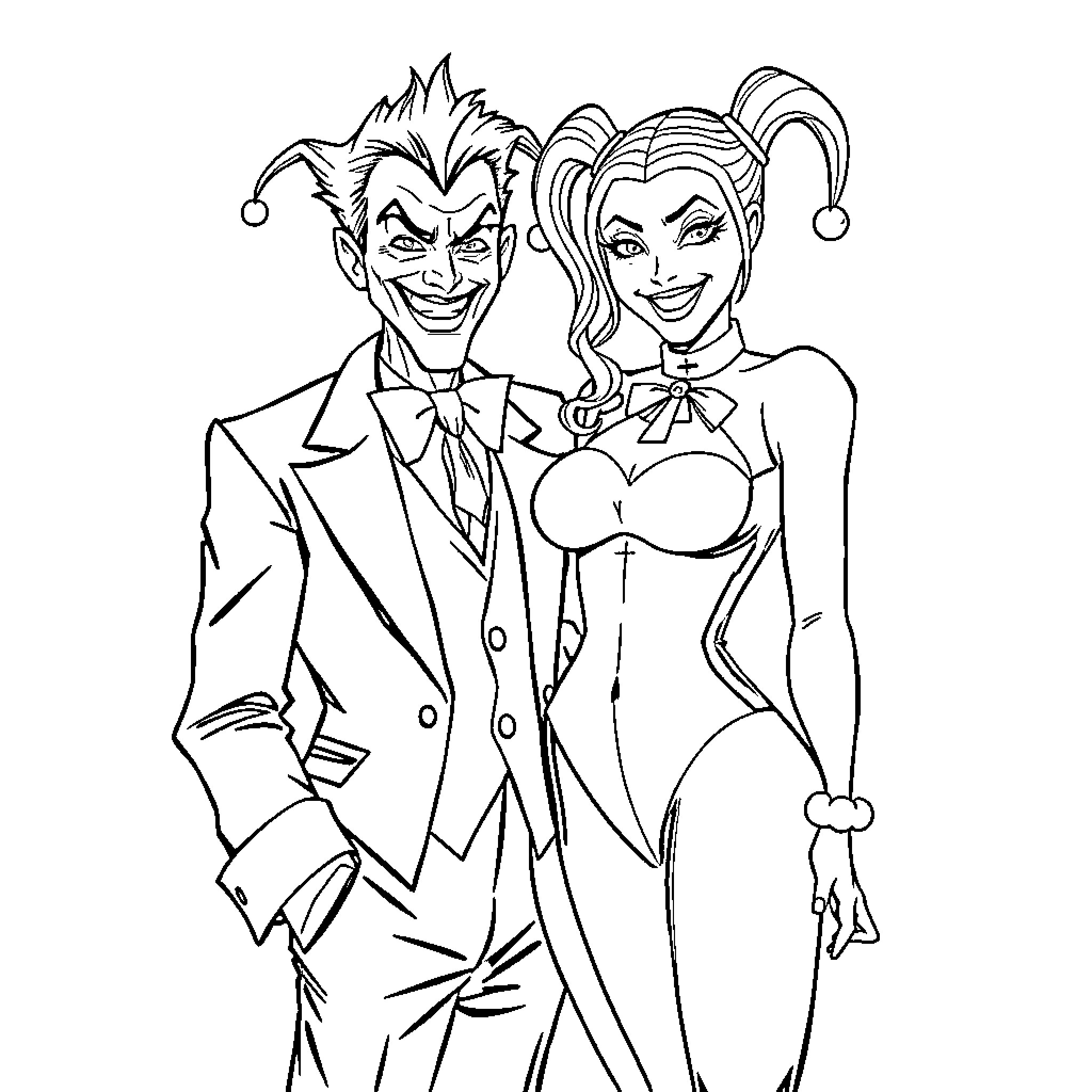 Joker and Harley Quinn in mischievous poses Coloring Page (free black-and-white line drawing printable PDF for all, from beginners to advanced learners, including children, teens, adults, and seniors)