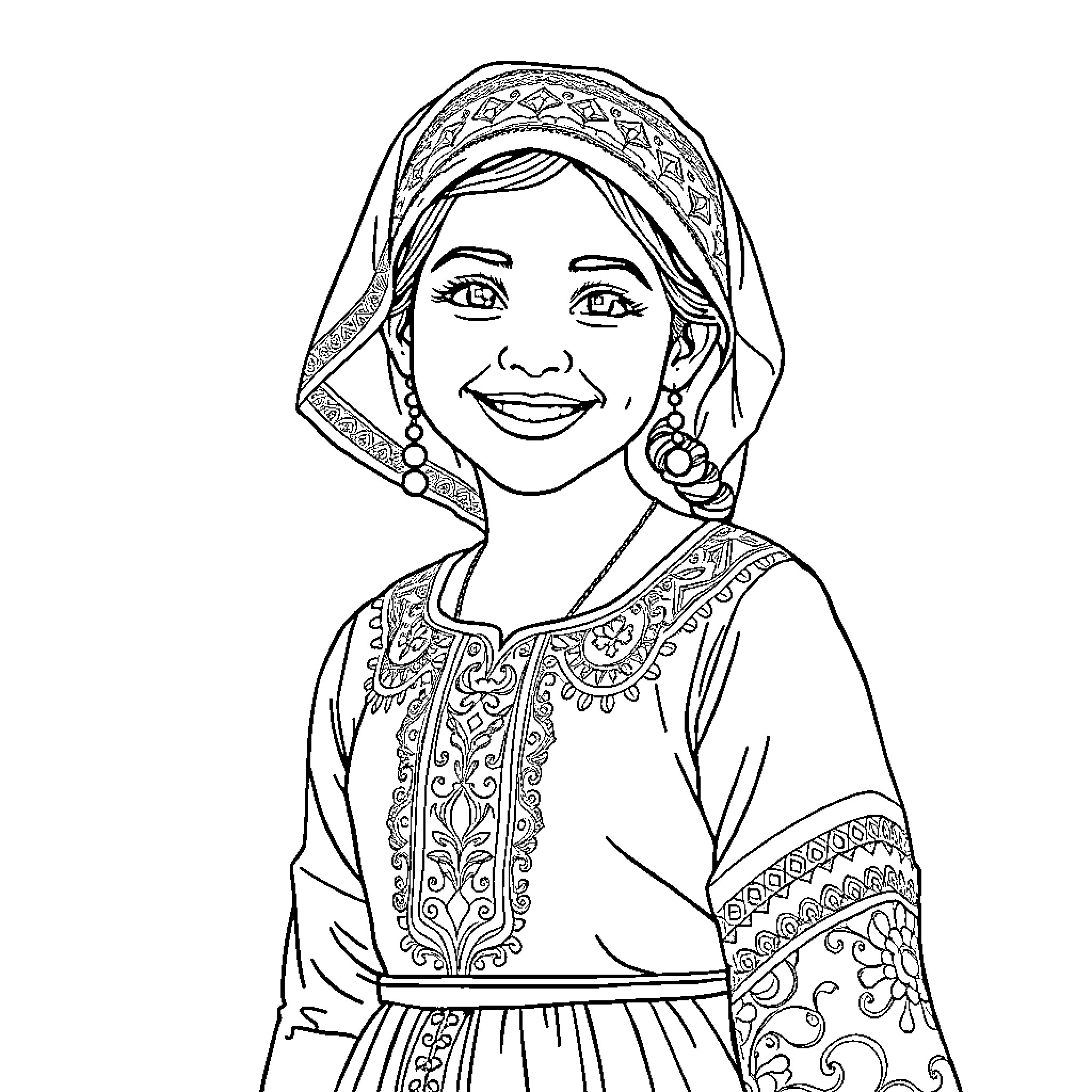 Girl in traditional ethnic outfit with detailed patterns Coloring Page (free black-and-white line drawing printable PDF for all, from beginners to advanced learners, including children, teens, adults, and seniors)