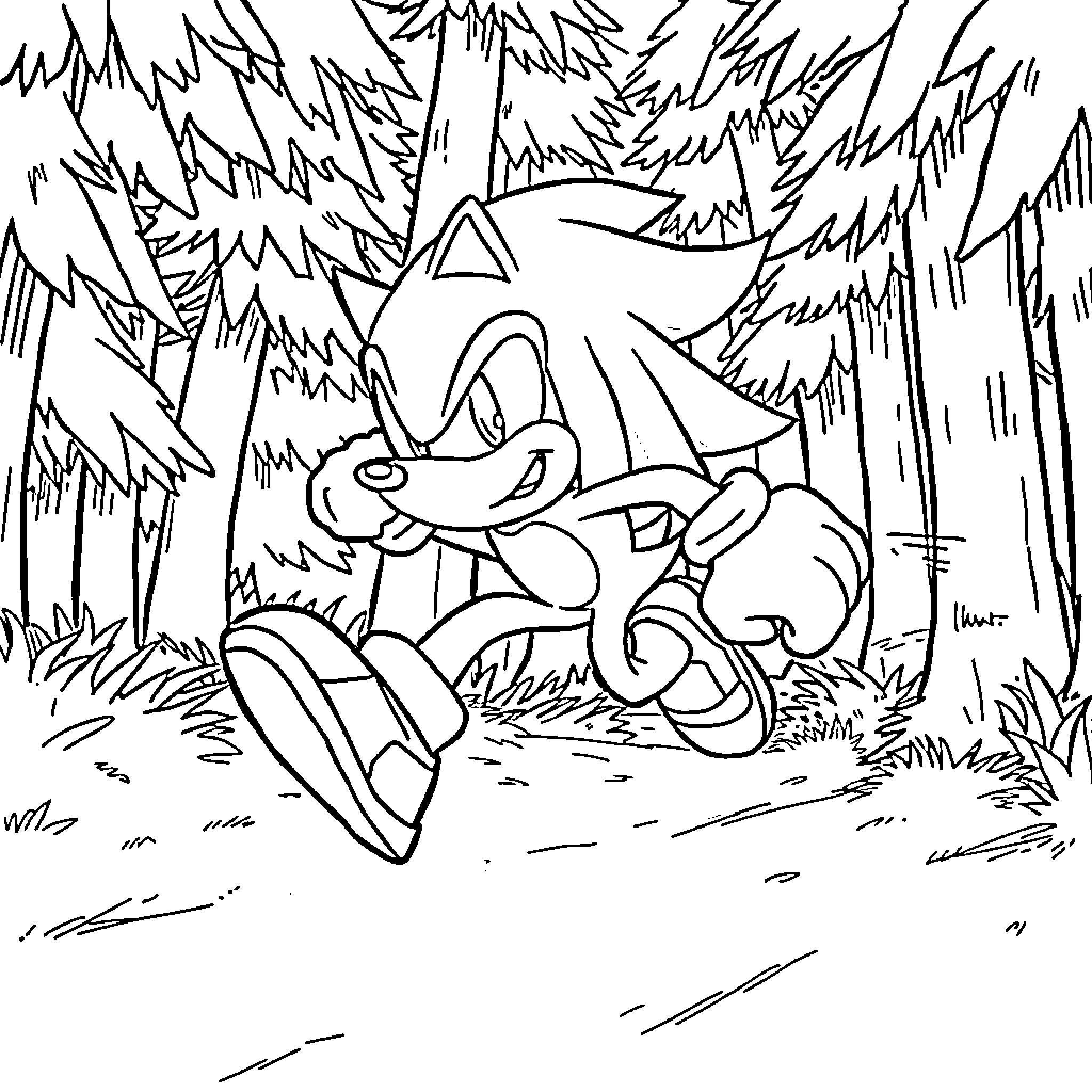 Knuckles' Adventurous Romp in the Wilderness Coloring Page (free black-and-white line drawing printable PDF for all, from beginners to advanced learners, including children, teens, adults, and seniors)