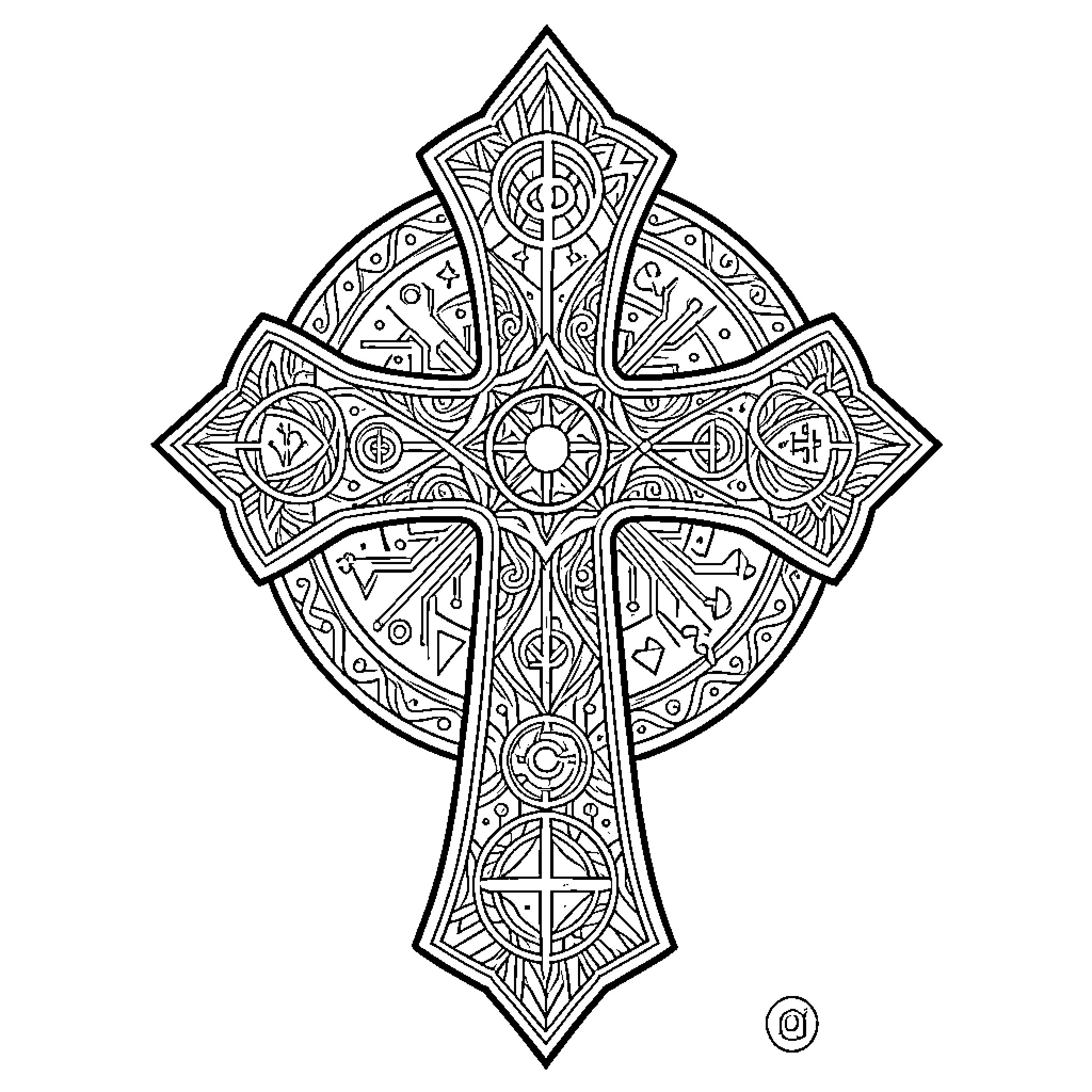 Tattoo of Ornate Christian Cross with Intricate Design Coloring Page (free black-and-white line drawing printable PDF for all, from beginners to advanced learners, including children, teens, adults, and seniors)