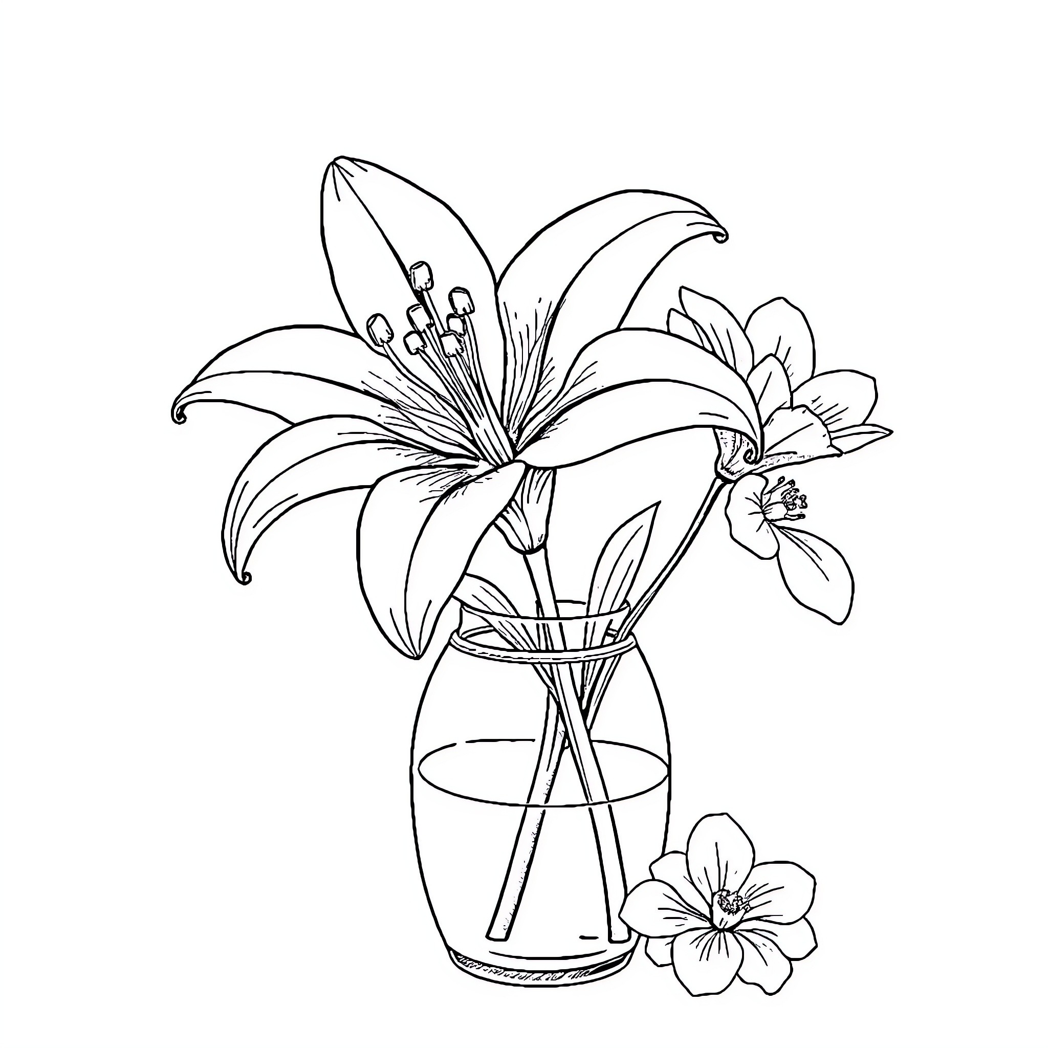 Lily Flowers in Glass Vase Coloring Page (free black-and-white line drawing printable PDF for all, from beginners to advanced learners, including children, teens, adults, and seniors)