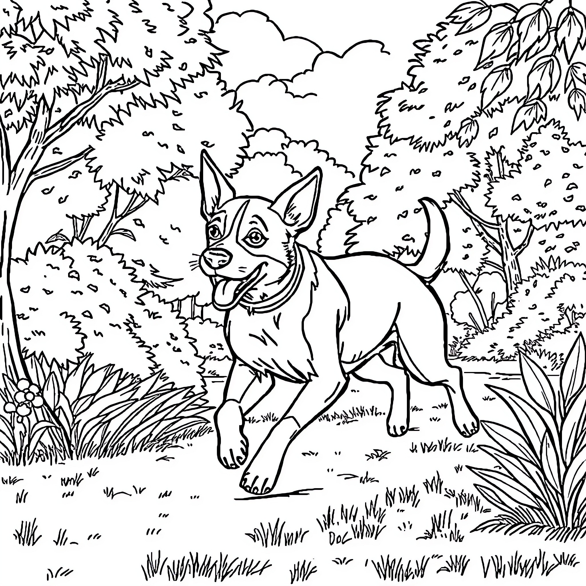 Dog exploring the scenic forest landscape Coloring Page (free black-and-white line drawing printable PDF for all, from beginners to advanced learners, including children, teens, adults, and seniors)