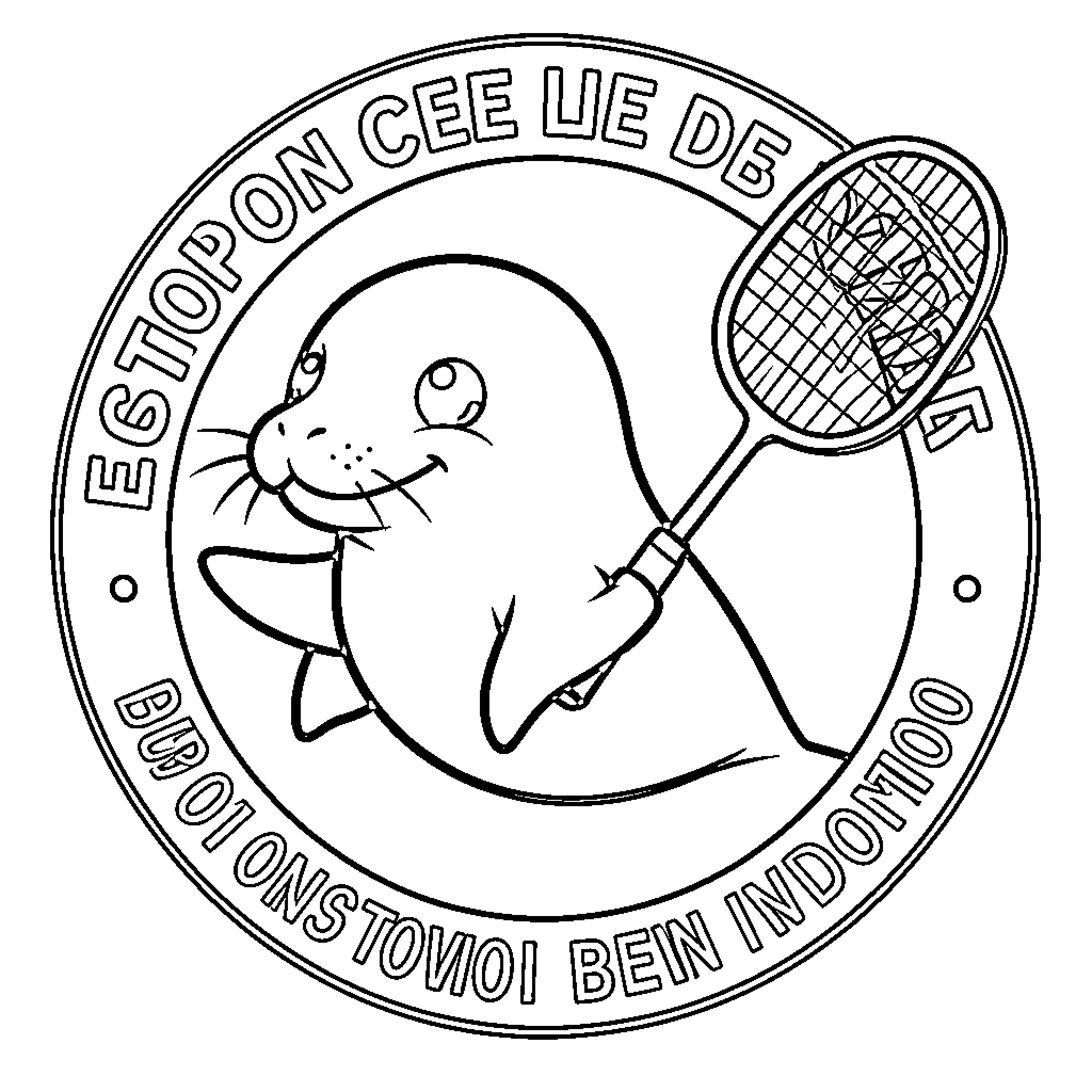 Phoque holding a tennis racket in a circular emblem Coloring Page (free black-and-white line drawing printable PDF for all, from beginners to advanced learners, including children, teens, adults, and seniors)