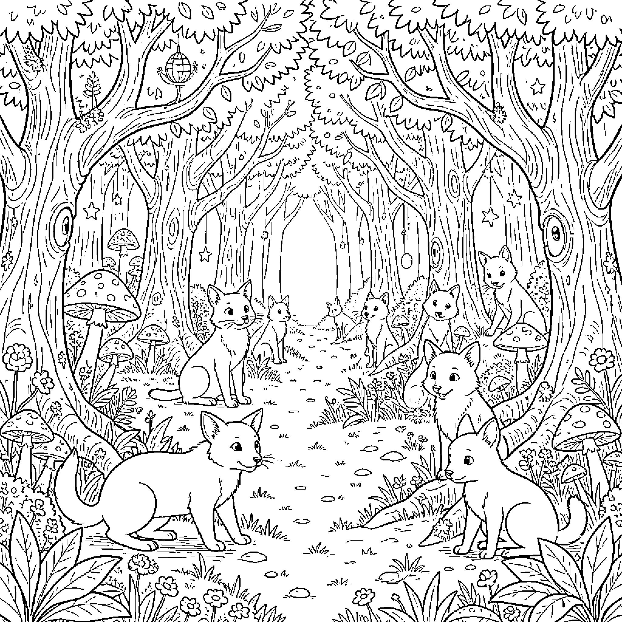 Fairytale Forest Filled with Curious Creatures Coloring Page (free black-and-white line drawing printable PDF for all, from beginners to advanced learners, including children, teens, adults, and seniors)
