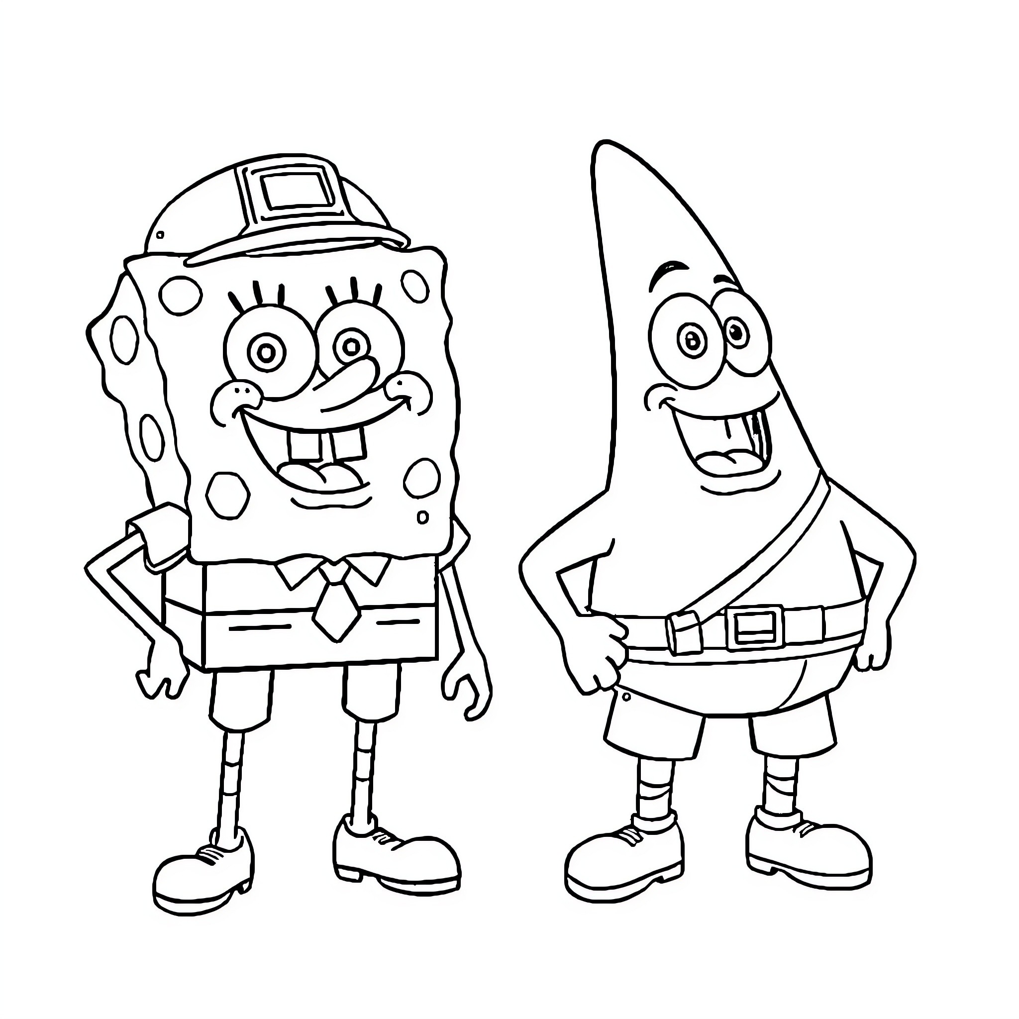 Spongebob and Patrick in amusing poses Coloring Page (free black-and-white line drawing printable PDF for all, from beginners to advanced learners, including children, teens, adults, and seniors)