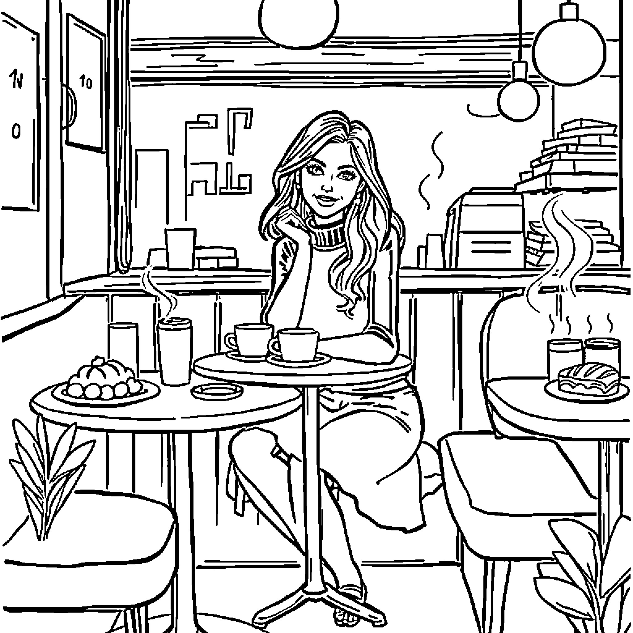 Woman relaxing in a cozy cafe Coloring Page (free black-and-white line drawing printable PDF for all, from beginners to advanced learners, including children, teens, adults, and seniors)