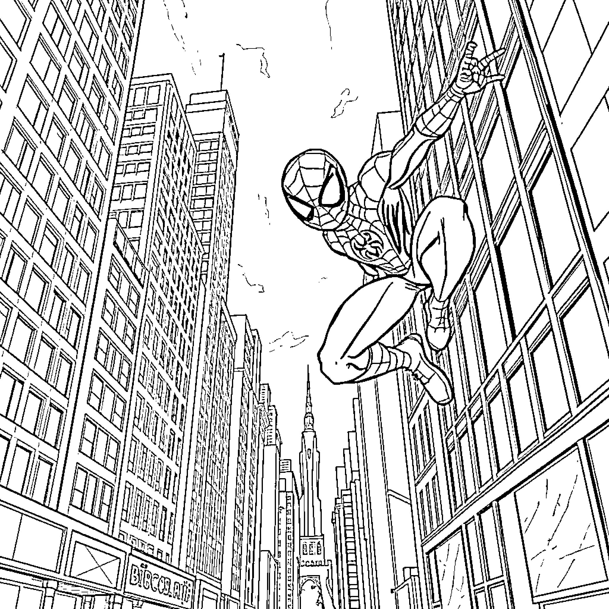 Spiderboy swinging through the city skyline Coloring Page (free black-and-white line drawing printable PDF for all, from beginners to advanced learners, including children, teens, adults, and seniors)