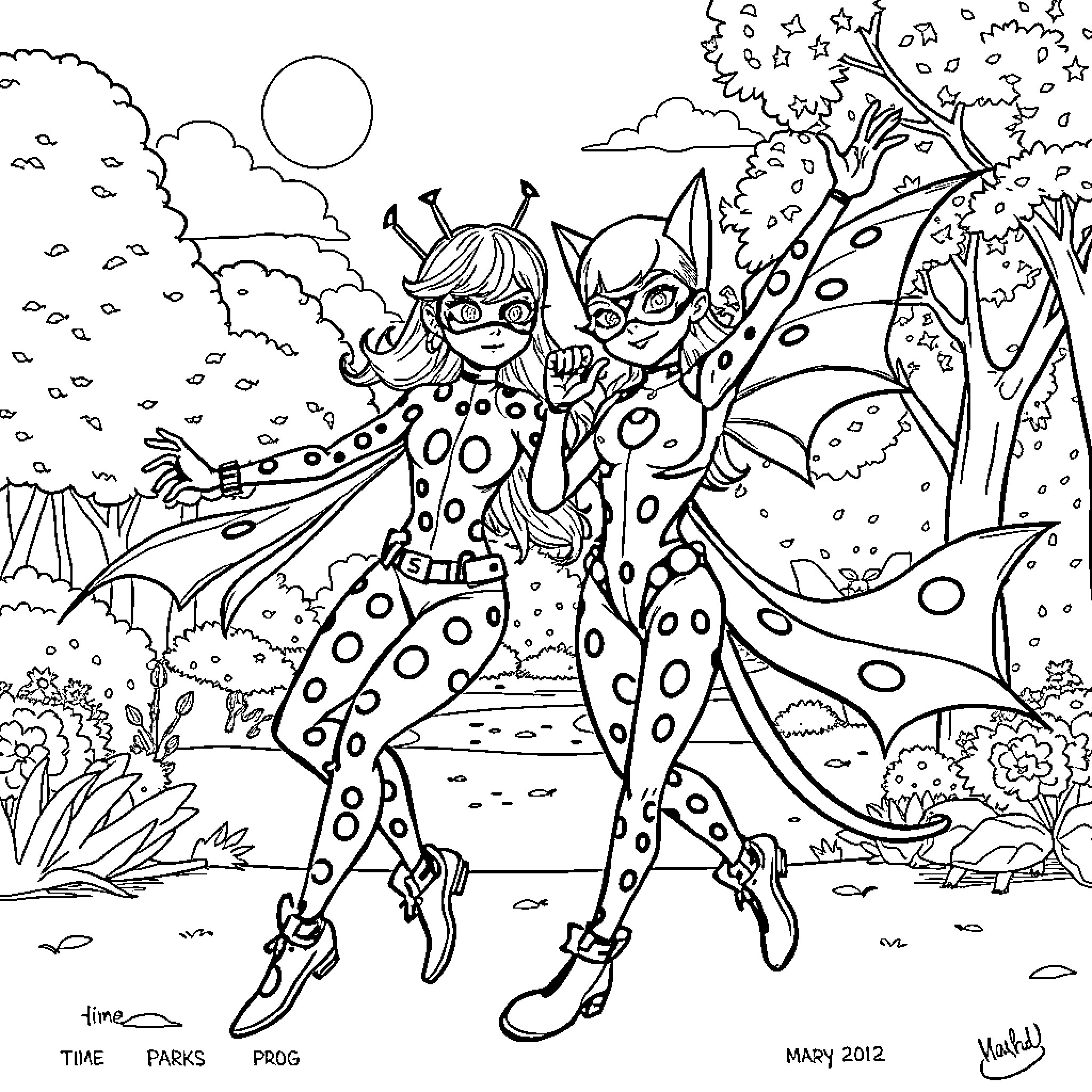 Demon Hunters Exploring Fantastical Landscape Coloring Page (free black-and-white line drawing printable PDF for all, from beginners to advanced learners, including children, teens, adults, and seniors)