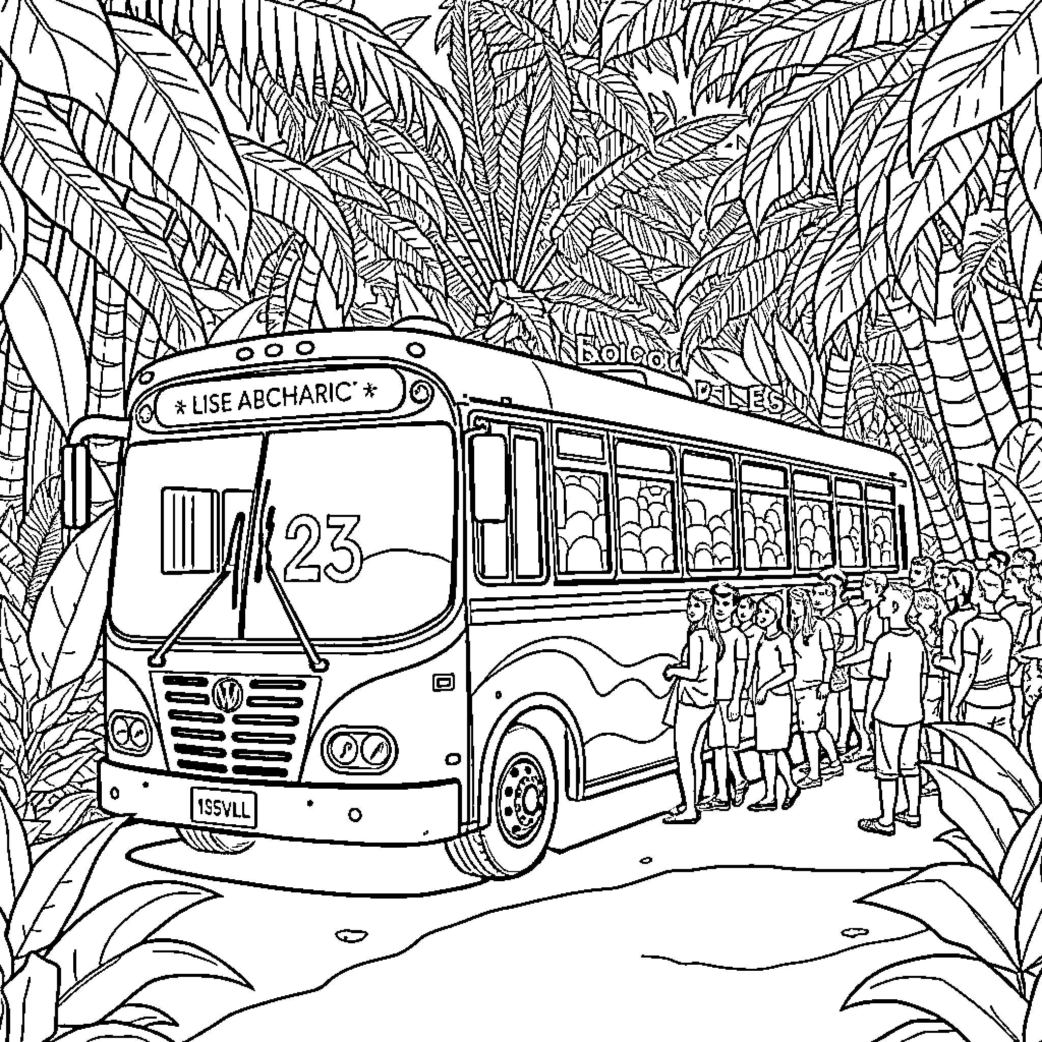 Bus Ride Through Lush Tropical Foliage Coloring Page (free black-and-white line drawing printable PDF for all, from beginners to advanced learners, including children, teens, adults, and seniors)