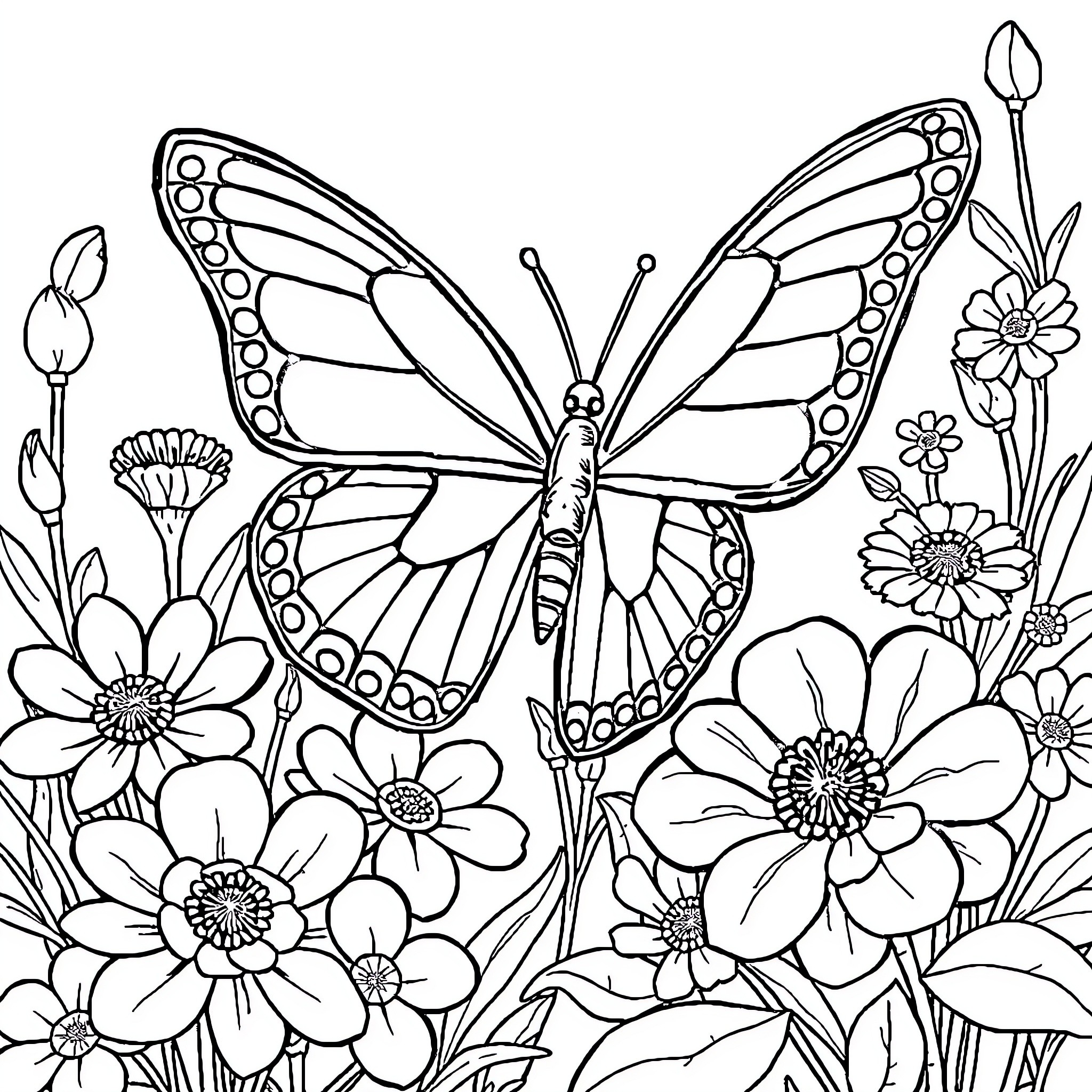 Butterfly Among Vibrant Flowers Coloring Page (free black-and-white line drawing printable PDF for all, from beginners to advanced learners, including children, teens, adults, and seniors)