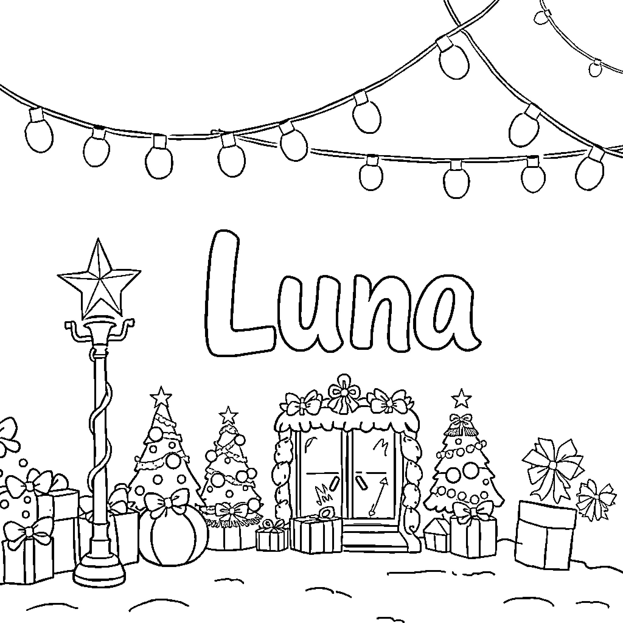 Luna's Festive Holiday Scene Coloring Page (free black-and-white line drawing printable PDF for all, from beginners to advanced learners, including children, teens, adults, and seniors)