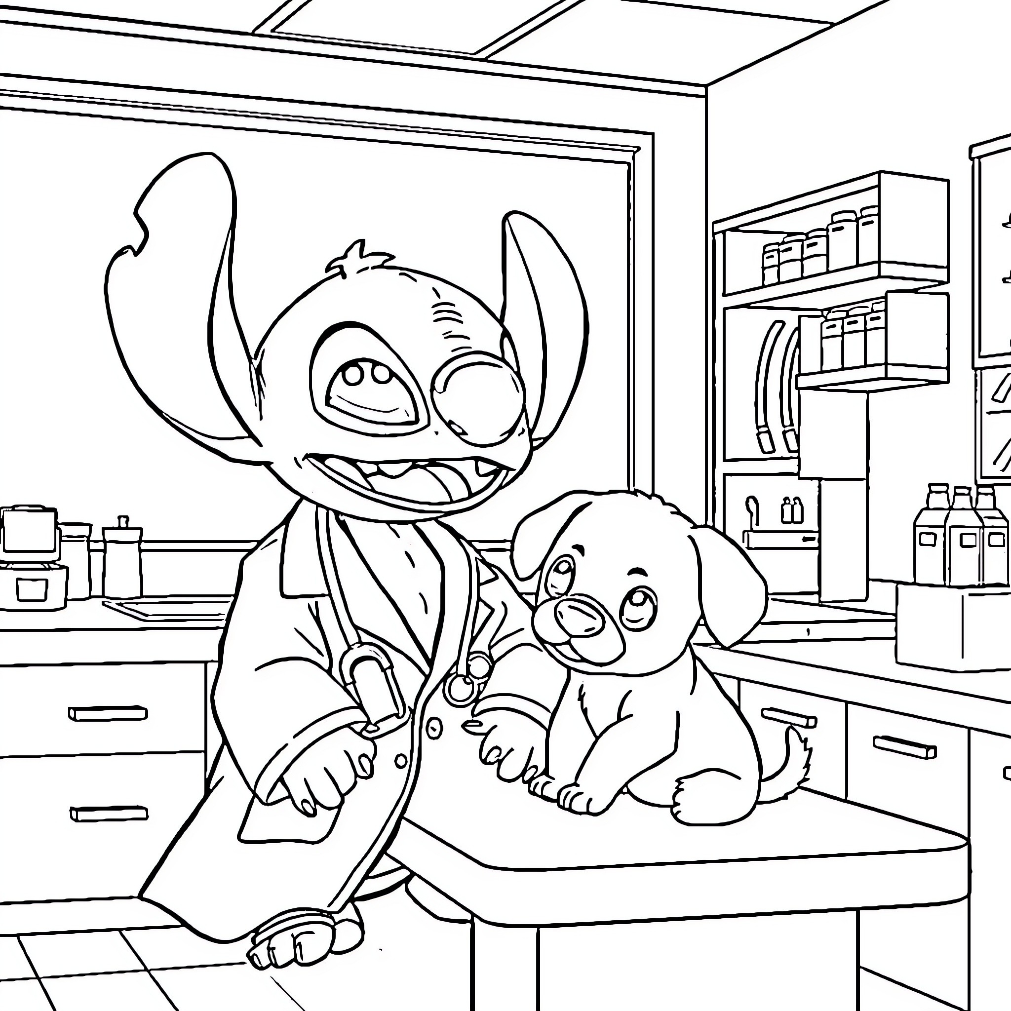 Stitch embracing a puppy in the kitchen Coloring Page (free black-and-white line drawing printable PDF for all, from beginners to advanced learners, including children, teens, adults, and seniors)