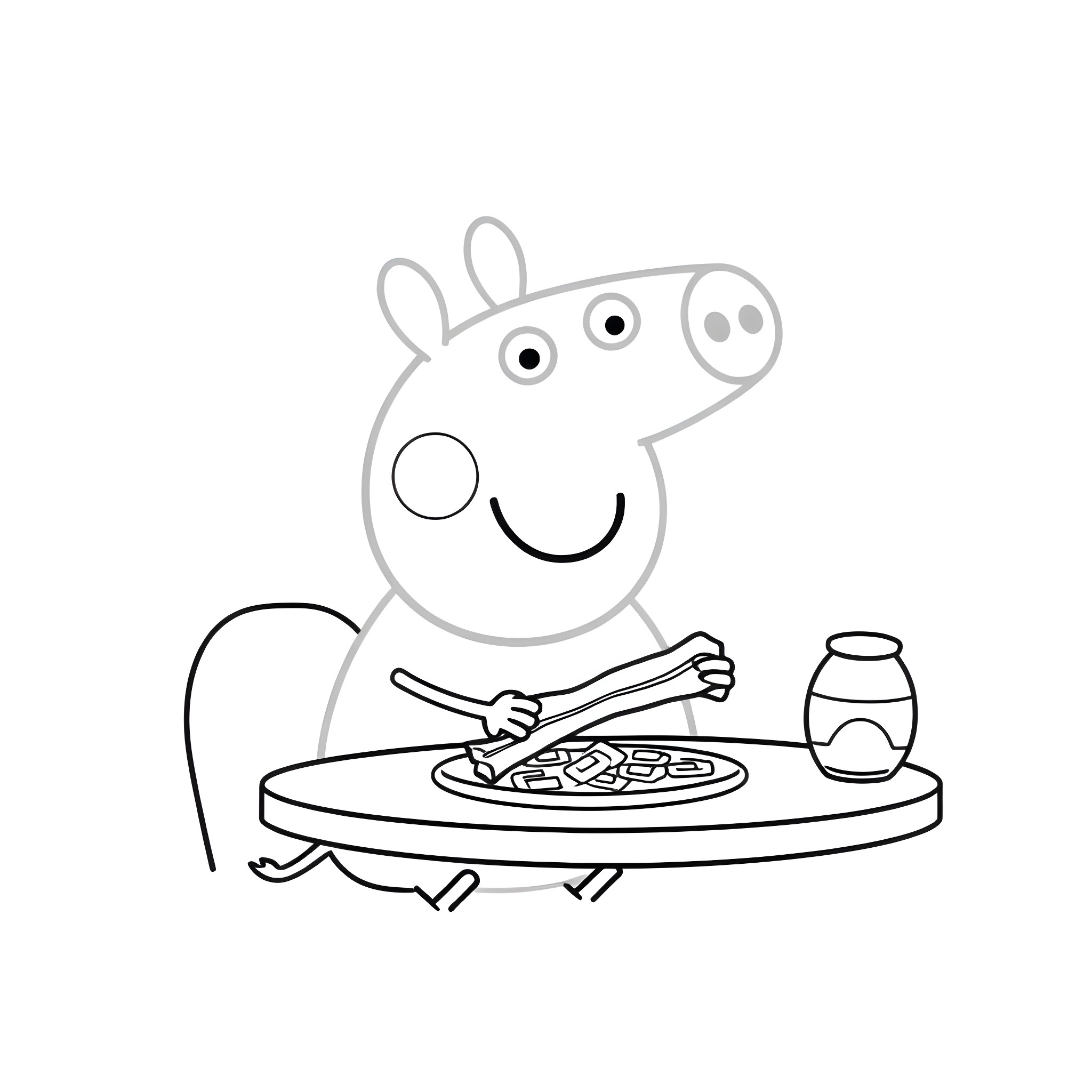 Peppa Pig enjoying a meal Coloring Page (free black-and-white line drawing printable PDF for all, from beginners to advanced learners, including children, teens, adults, and seniors)