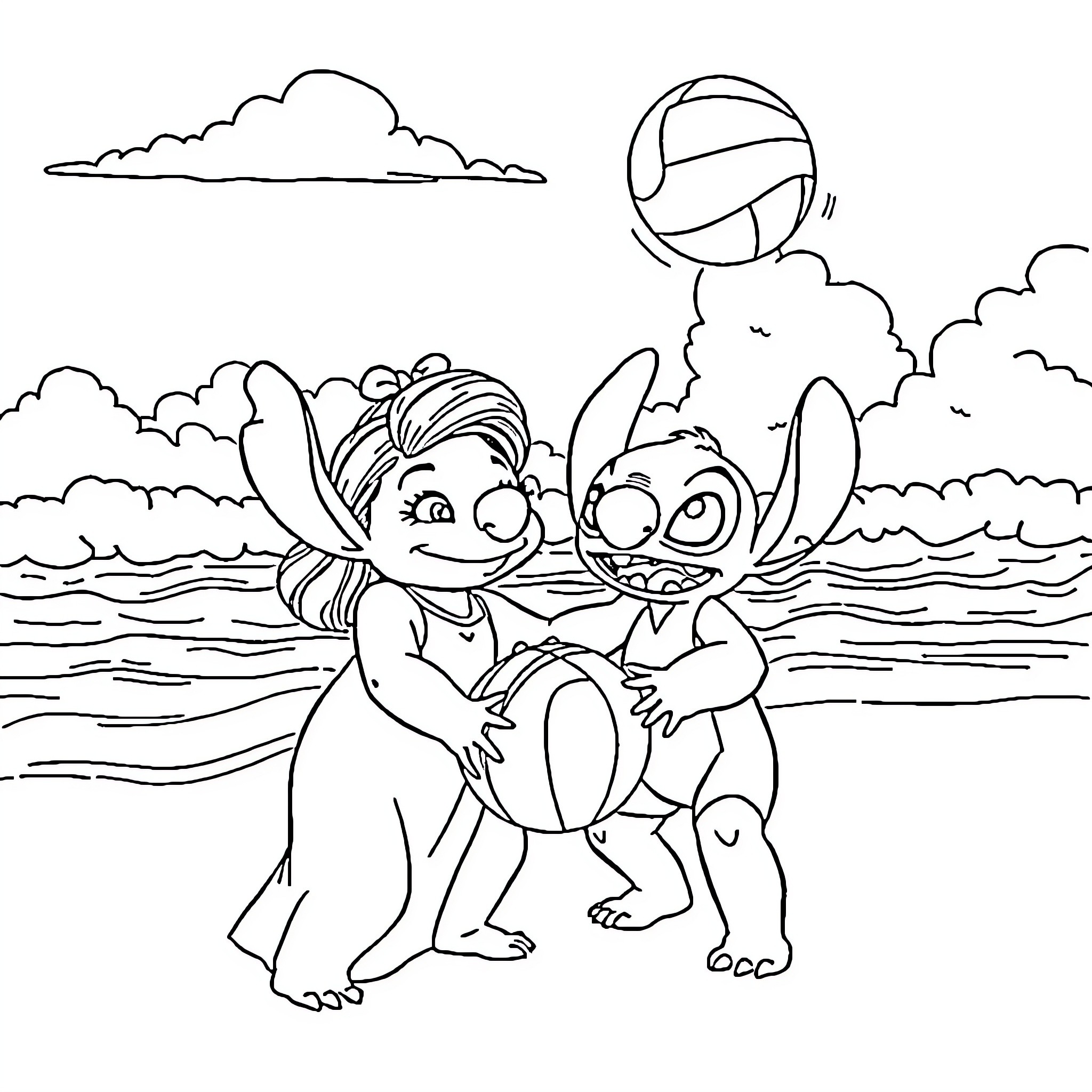Lilo and Stitch playing at the beach Coloring Page (free black-and-white line drawing printable PDF for all, from beginners to advanced learners, including children, teens, adults, and seniors)