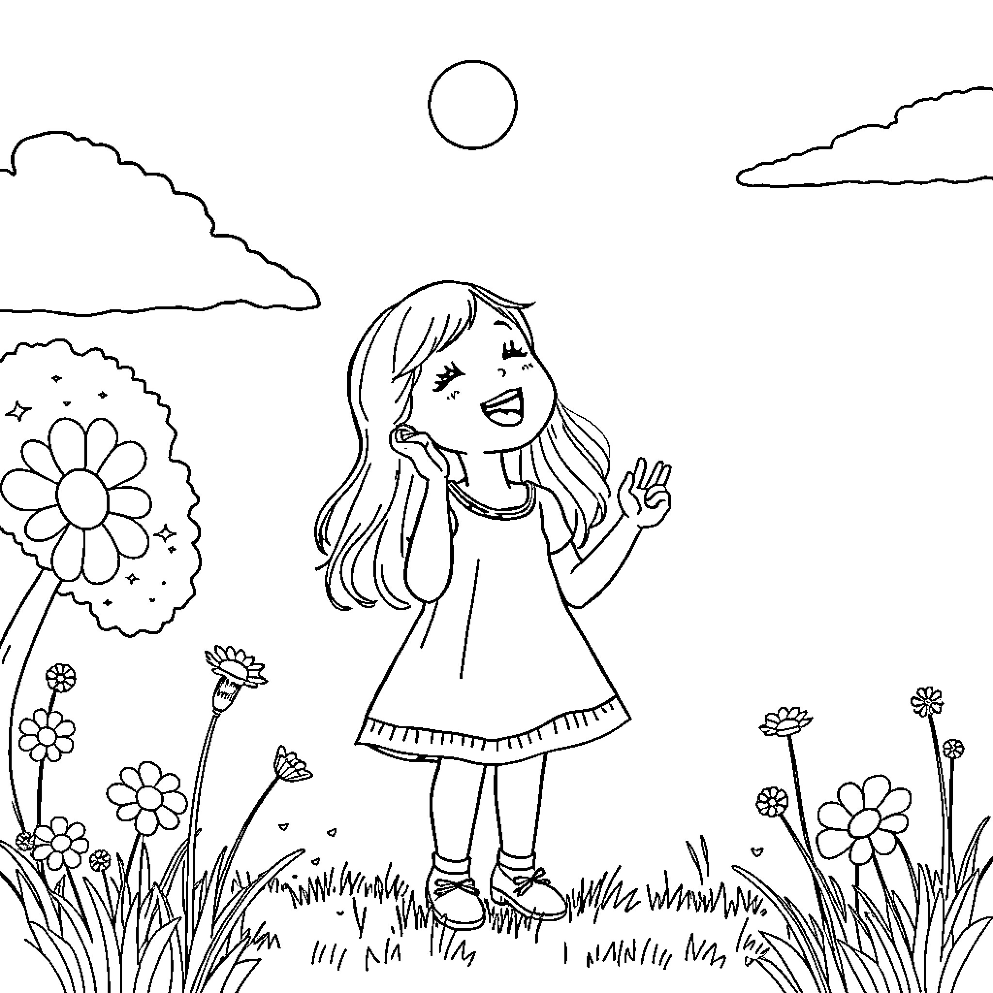 Girl joyfully waving in a floral meadow Coloring Page (free black-and-white line drawing printable PDF for all, from beginners to advanced learners, including children, teens, adults, and seniors)
