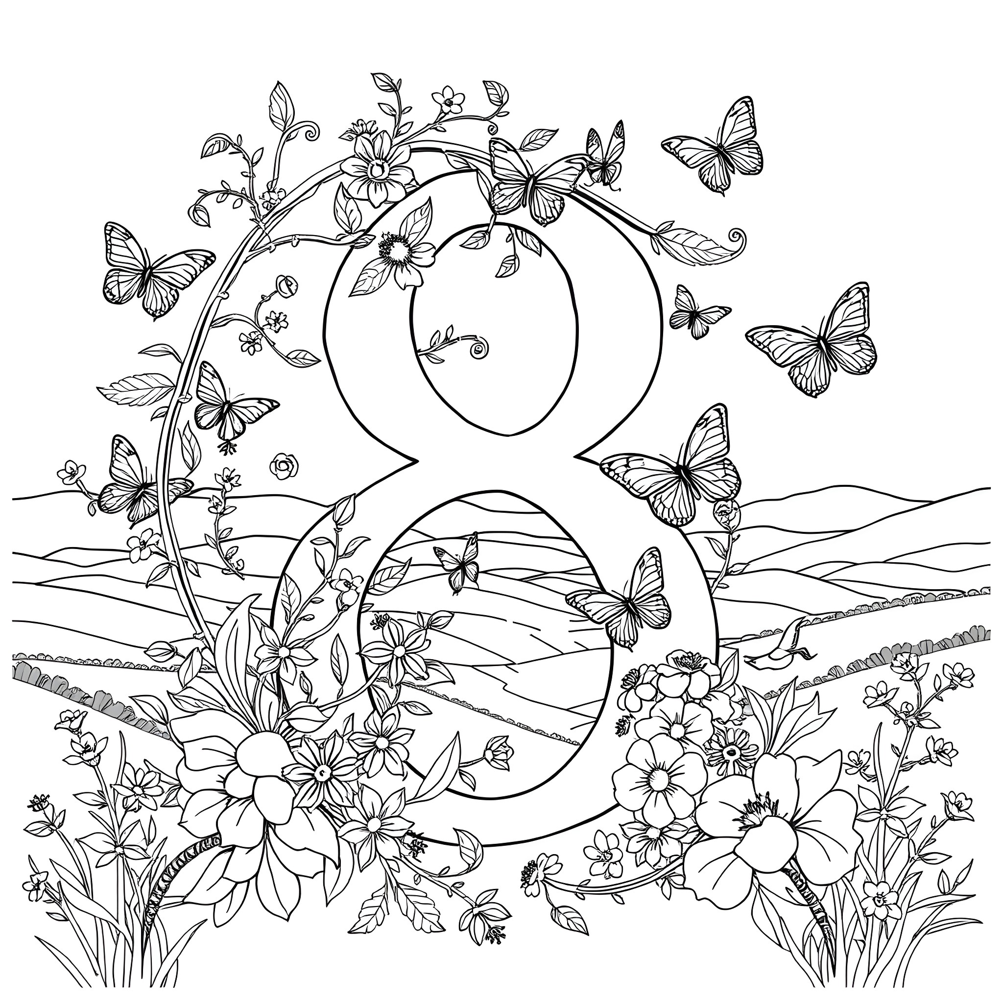 Number 8: Floral landscape with butterflies Coloring Page (free black-and-white line drawing printable PDF for all, from beginners to advanced learners, including children, teens, adults, and seniors)