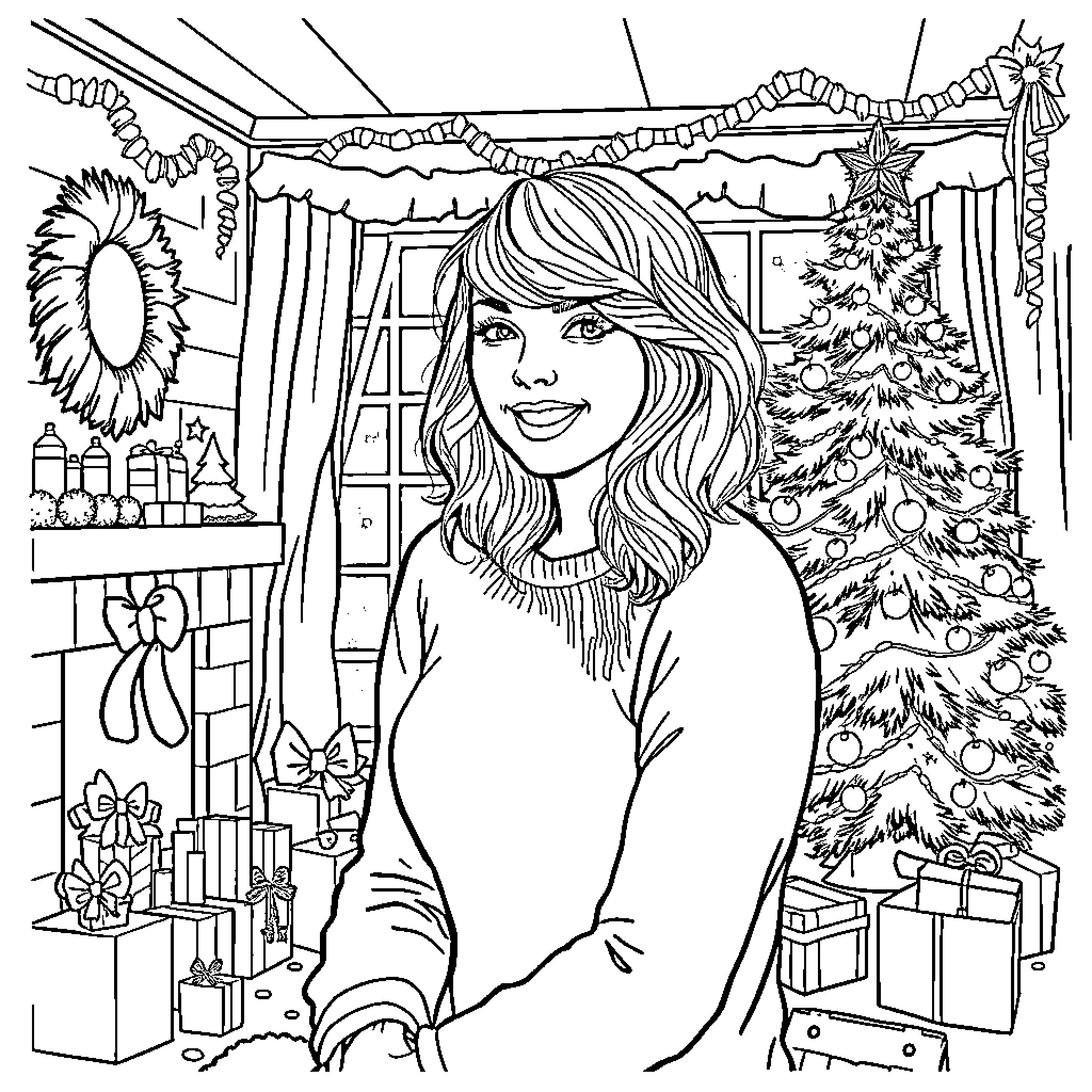 Taylor Swift Enjoying the Holiday Season Coloring Page (free black-and-white line drawing printable PDF for all, from beginners to advanced learners, including children, teens, adults, and seniors)