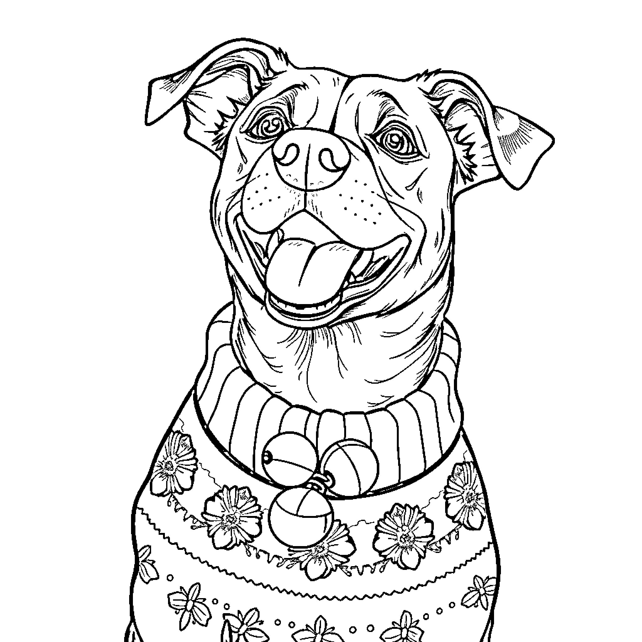 Dog smiling in flowery outfit Coloring Page (free black-and-white line drawing printable PDF for all, from beginners to advanced learners, including children, teens, adults, and seniors)