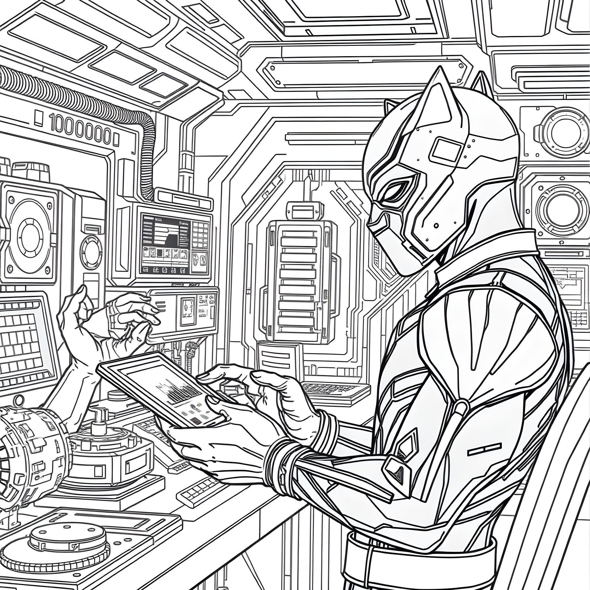 Black Panther in Futuristic Tech Lab Coloring Page (free black-and-white line drawing printable PDF for all, from beginners to advanced learners, including children, teens, adults, and seniors)