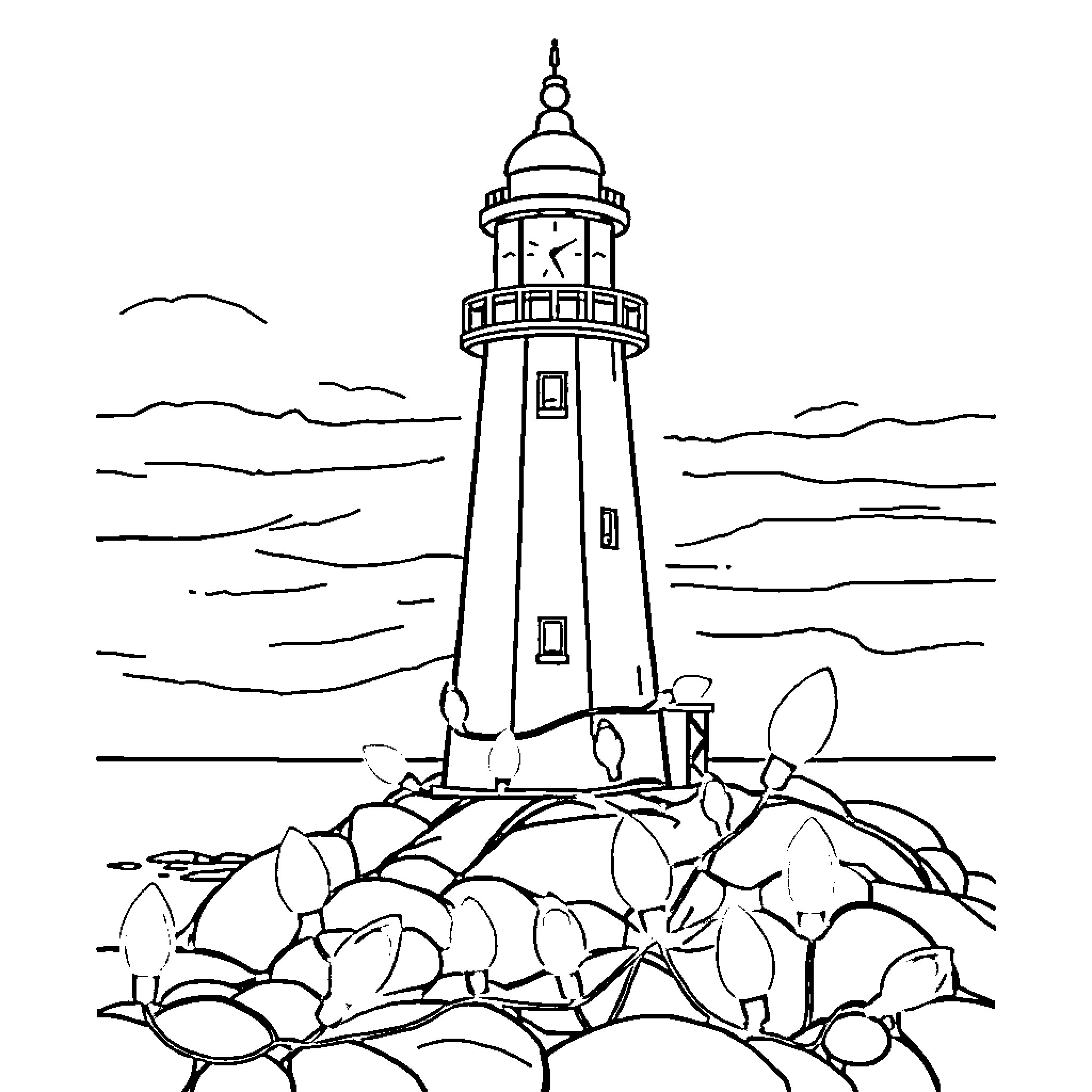 Lighthouse on rocky coastline Coloring Page (free black-and-white line drawing printable PDF for all, from beginners to advanced learners, including children, teens, adults, and seniors)