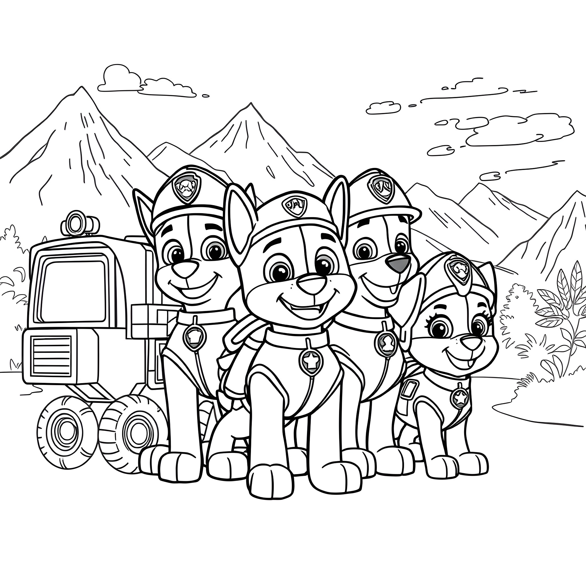 Paw Patrol Pups Exploring the Mountains Coloring Page (free black-and-white line drawing printable PDF for all, from beginners to advanced learners, including children, teens, adults, and seniors)