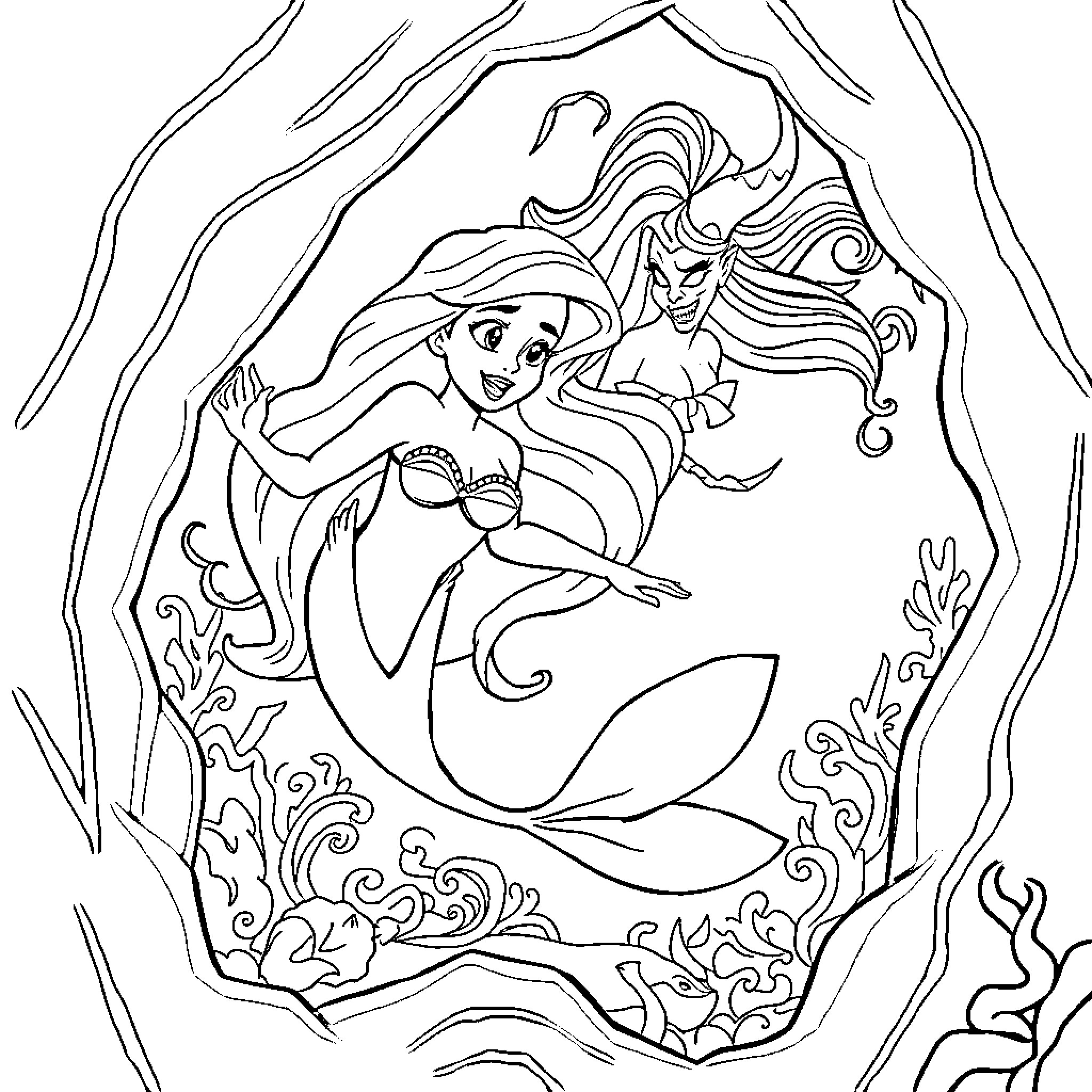 Ariel the Mermaid in Underwater Adventure Coloring Page (free black-and-white line drawing printable PDF for all, from beginners to advanced learners, including children, teens, adults, and seniors)
