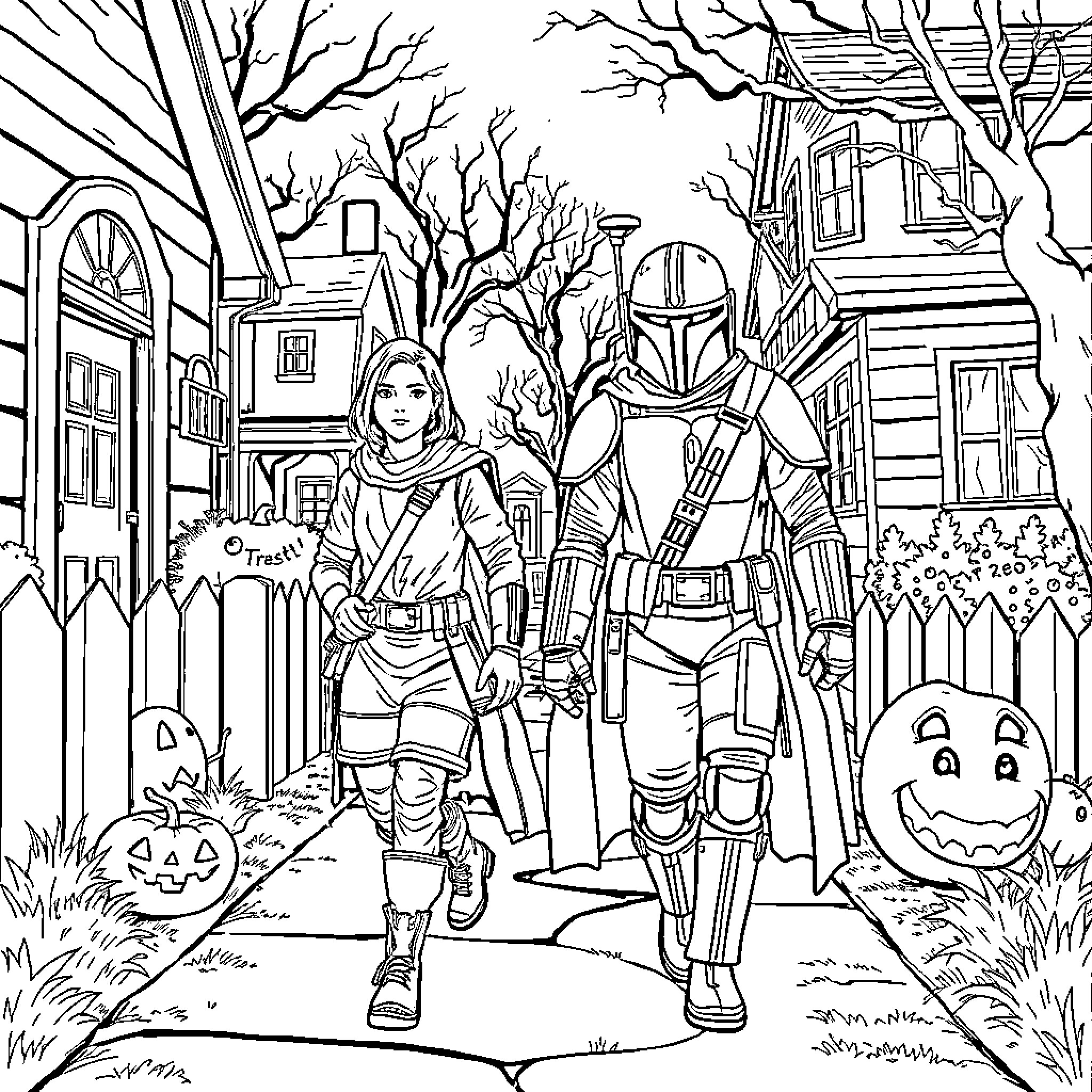Rey and the Mandalorian stroll through a spooky neighborhood Coloring Page (free black-and-white line drawing printable PDF for all, from beginners to advanced learners, including children, teens, adults, and seniors)