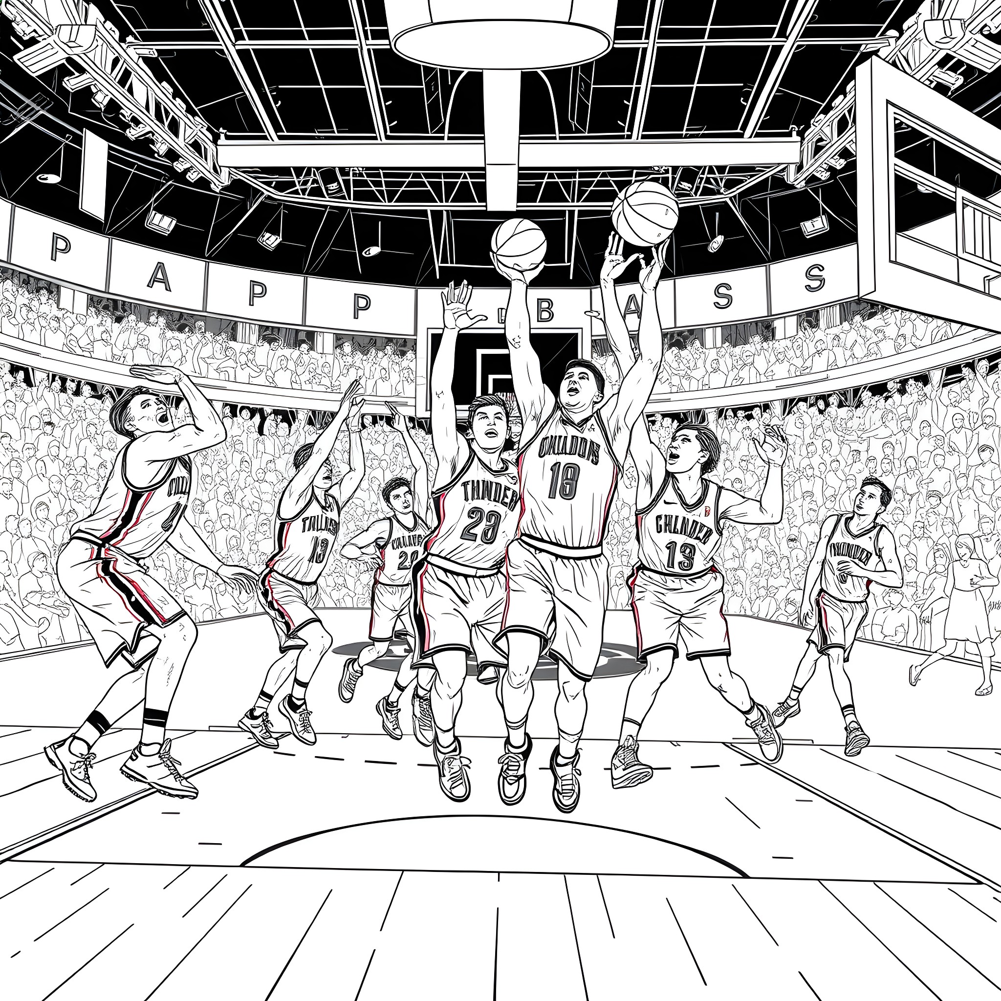 Okc Thunder Players in Basketball Game Action Coloring Page (free black-and-white line drawing printable PDF for all, from beginners to advanced learners, including children, teens, adults, and seniors)