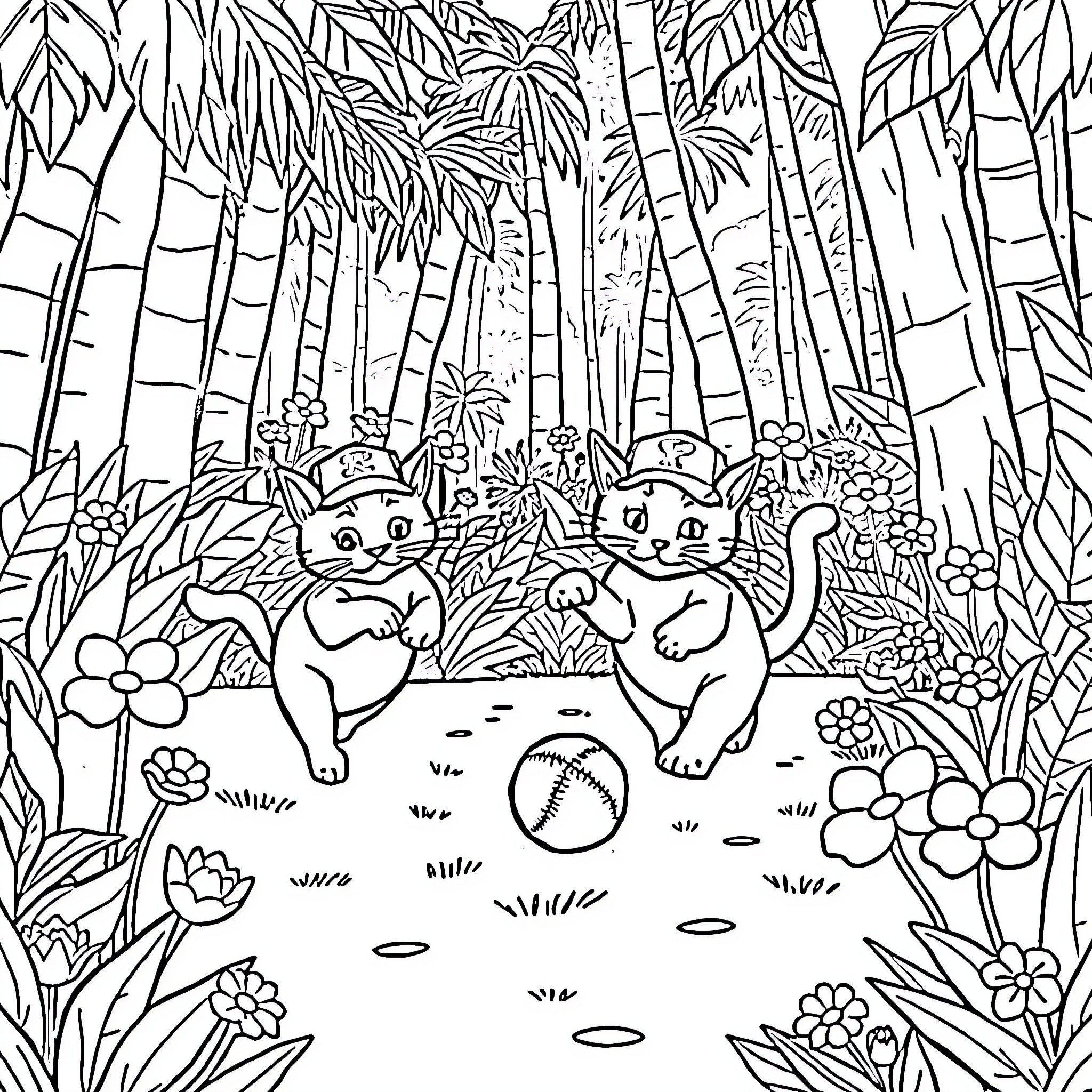Cats playing in the lush jungle landscape Coloring Page (free black-and-white line drawing printable PDF for all, from beginners to advanced learners, including children, teens, adults, and seniors)