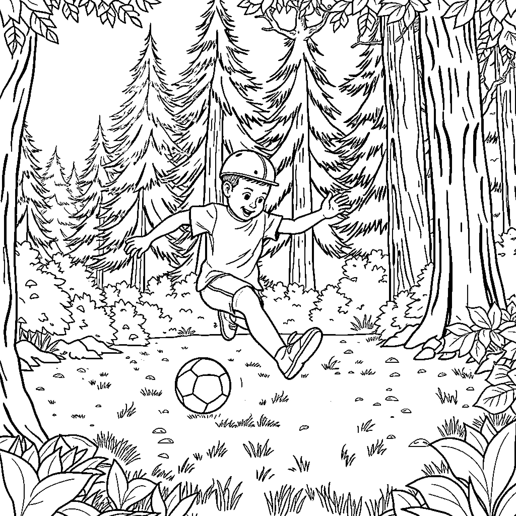Labobo playing soccer in the forest Coloring Page (free black-and-white line drawing printable PDF for all, from beginners to advanced learners, including children, teens, adults, and seniors)
