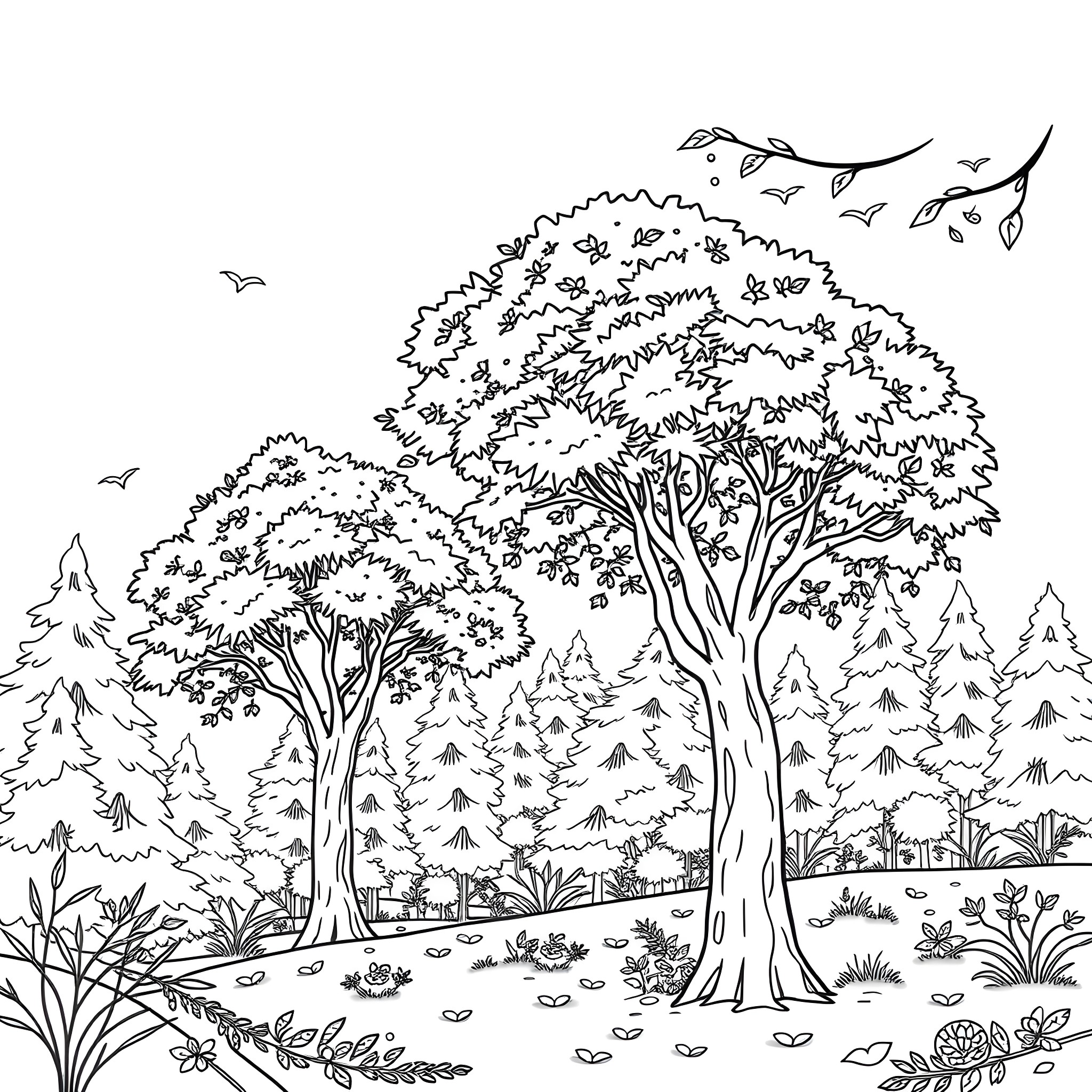 Tree-lined Forest Landscape with Wildlife Coloring Page (free black-and-white line drawing printable PDF for all, from beginners to advanced learners, including children, teens, adults, and seniors)