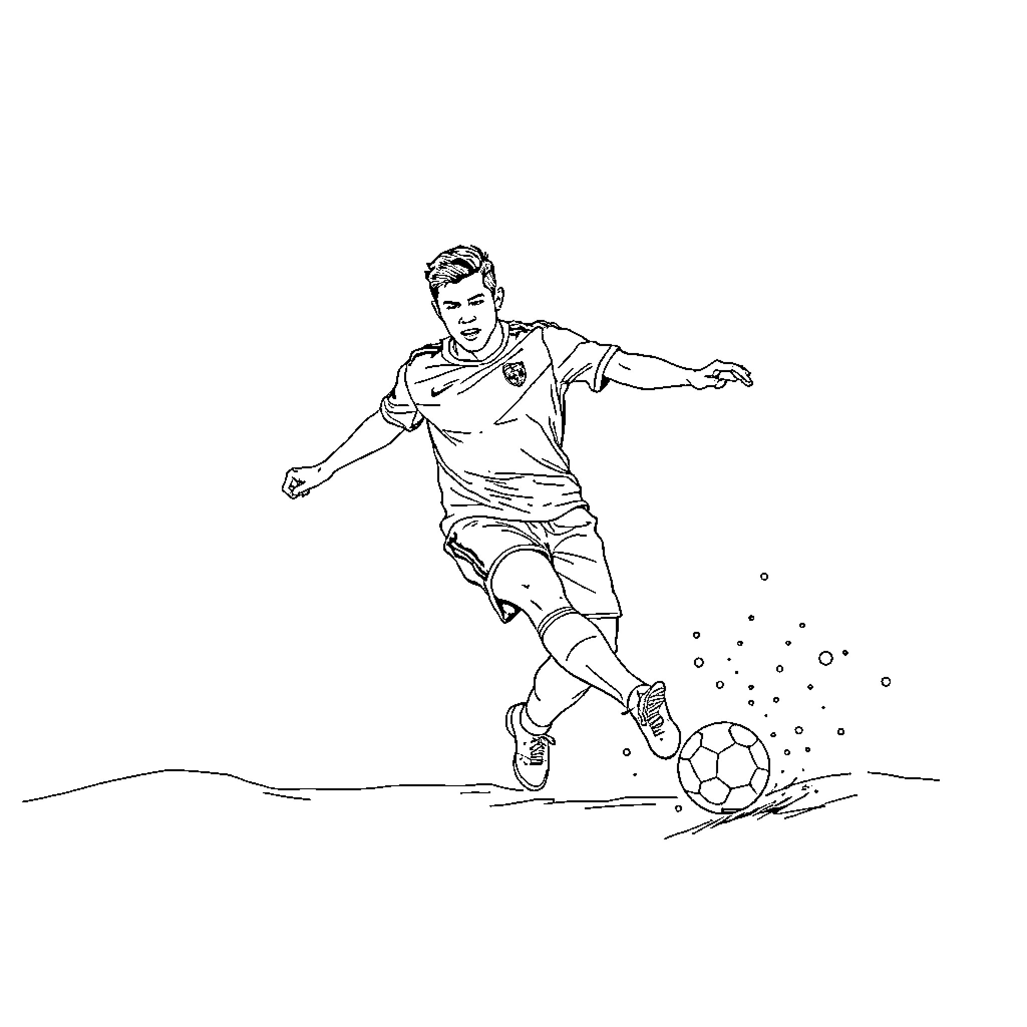 Cristiano Ronaldo playing soccer in action Coloring Page (free black-and-white line drawing printable PDF for all, from beginners to advanced learners, including children, teens, adults, and seniors)